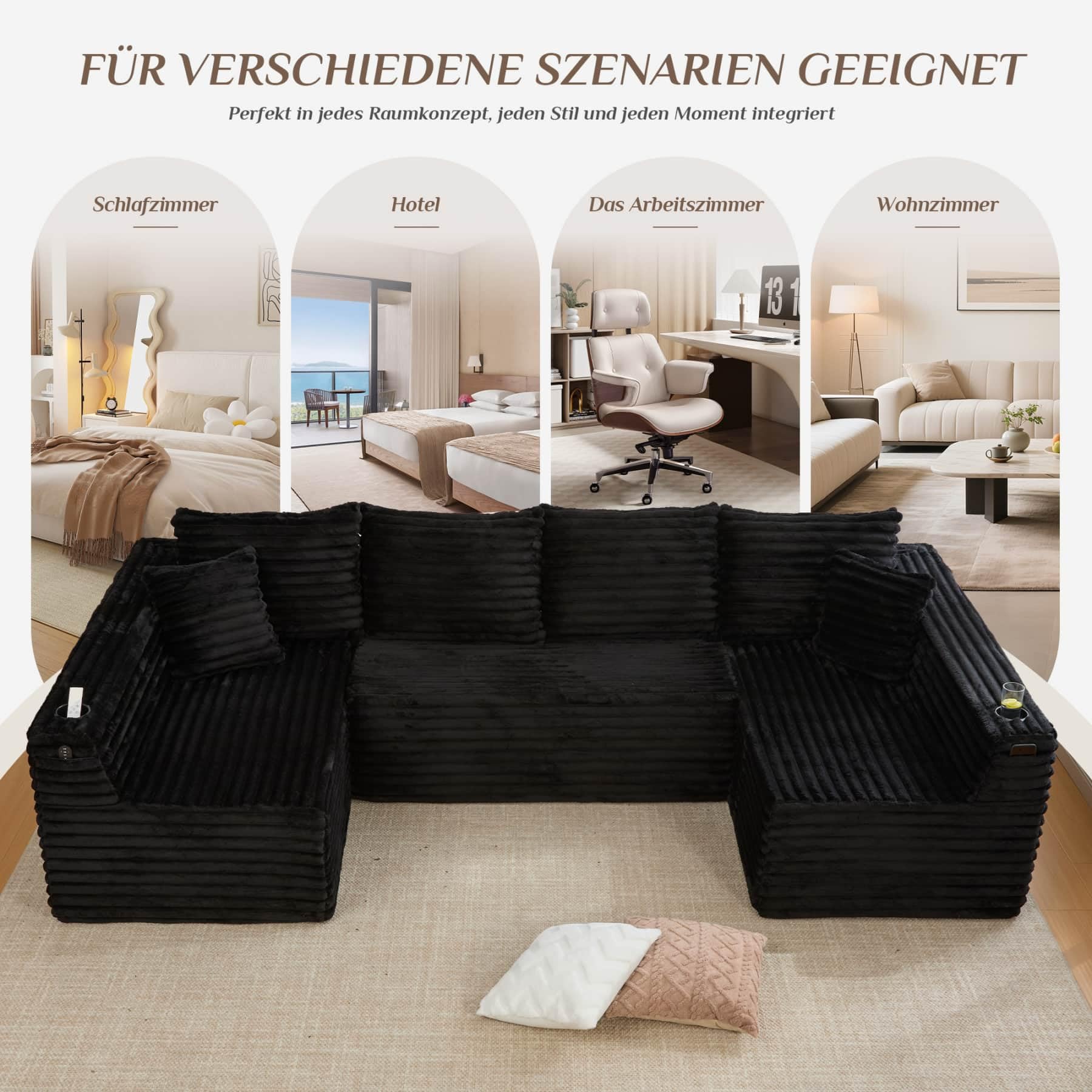 YEHTOKHOME Sofá moderno de pana en forma de U con portavasos y bolsillos laterales, sofá modular con 4 cojines de respaldo y 2 cojines decorativos, para salón (Negro)