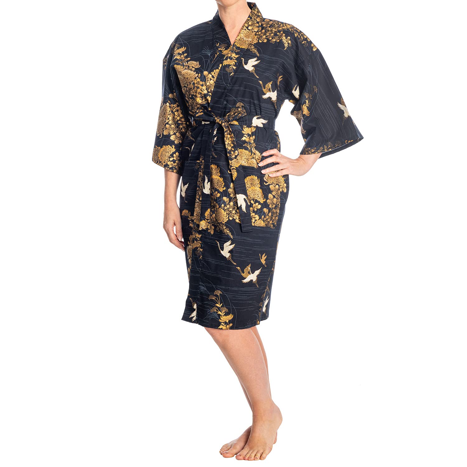 The Japanese Shop Women's Navy Authentic Japanese Kimono Crane Print Short