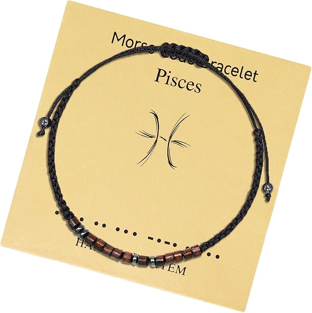 Zodiac Morse Code Bracelet, Horoscope Beaded Woven Bracelet Adjustable Astrology Constellation Braided Jewelry Handmade Birthday Gift with Decryption Card for Friendship Girls Mum Daughter-Pisces