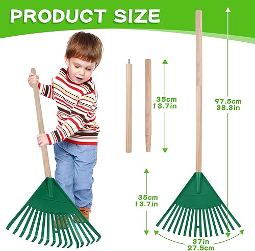 Miniatura 2 de 4 rastrillos para niños de 38 pulgadas con mango de madera desmontable y 2 bolsas reutilizables de 32 galones para desechos de jardín, rastrillos de