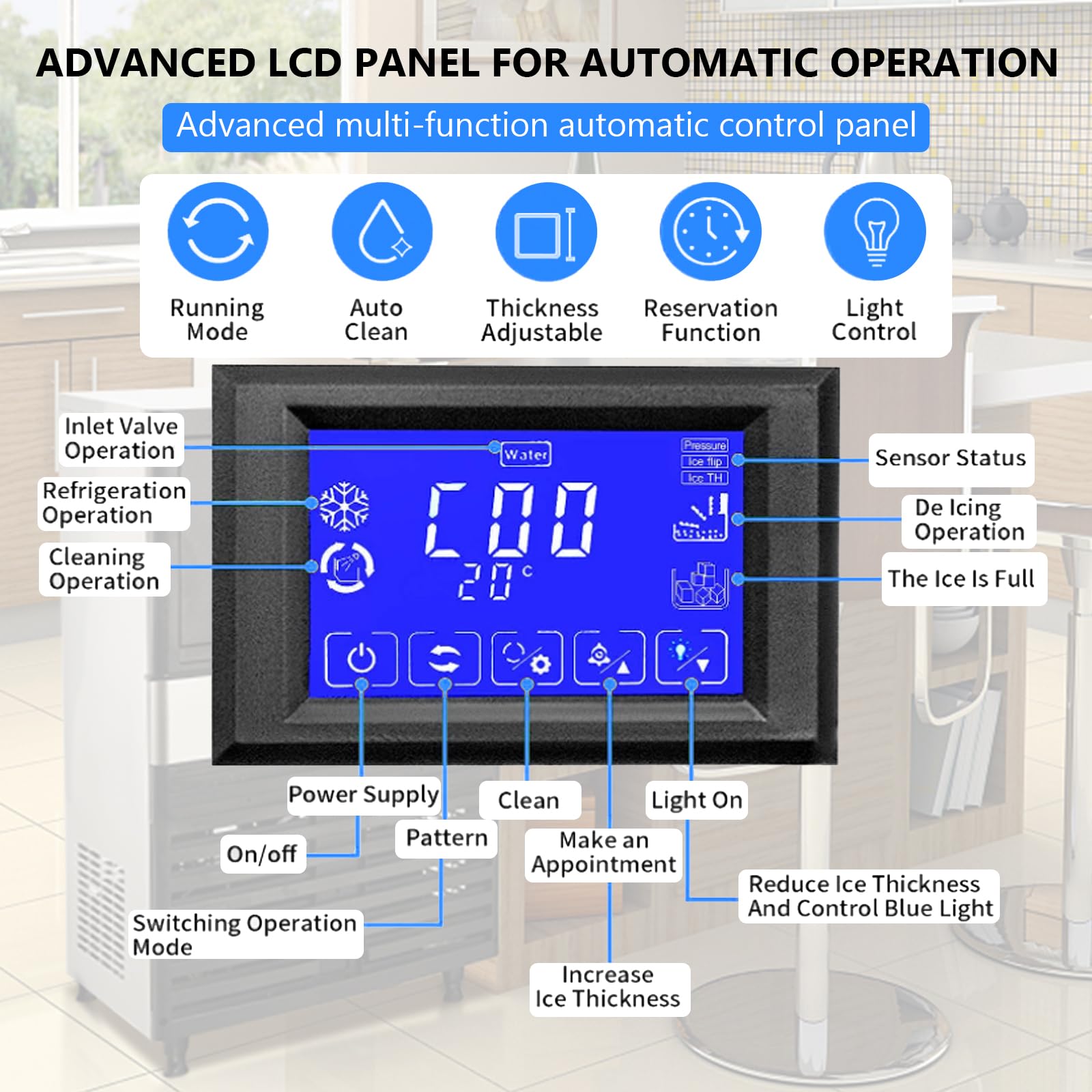 Pioneerworks Commercial Ice Maker Machine 110lbs/24h, Under Counter Ice Machine Self Cleaning With 27lbs Storage, Lcd Panel And Blue Light, Stainless Steel Ice Maker For Restaurant/Home/Bars/Coffee on Fridge.com - View 6
