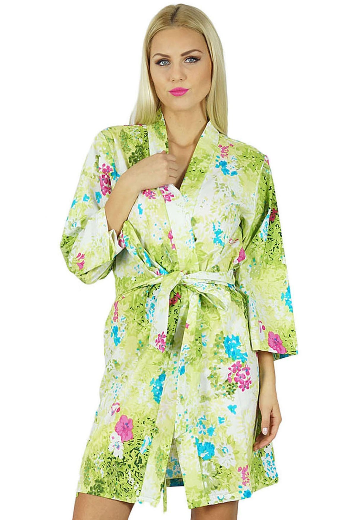 Bimba Women Short Cotton Robe Bridesmaid Getting Ready Wrap Cover Up Green