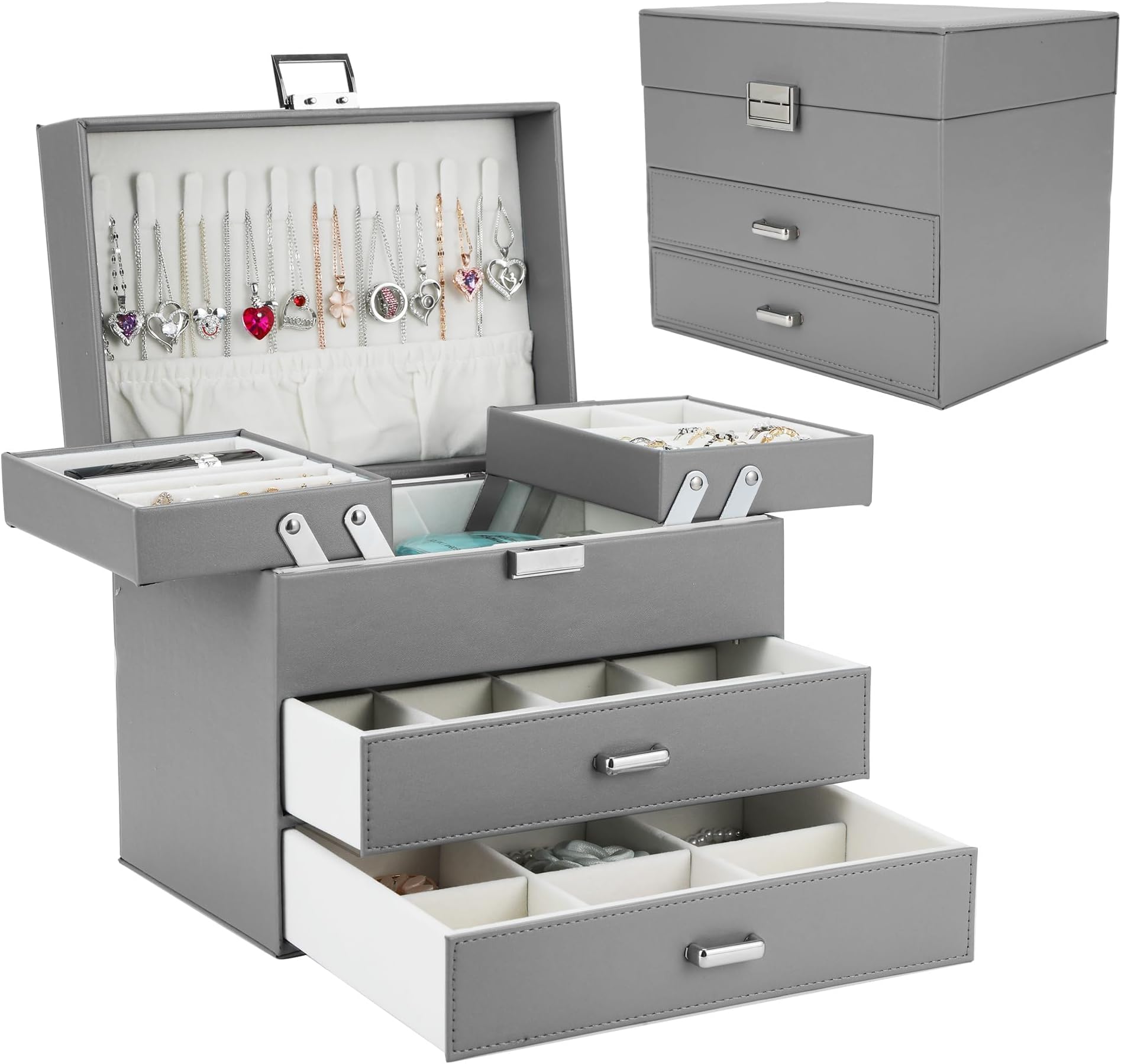 Dajasan Jewelry Holder Organizer Box, Jewelry Boxes for Women Girls, 4 Layers Large Jewelry Storage Box for Earring, Ring, Necklace, Bracelets (Grey)