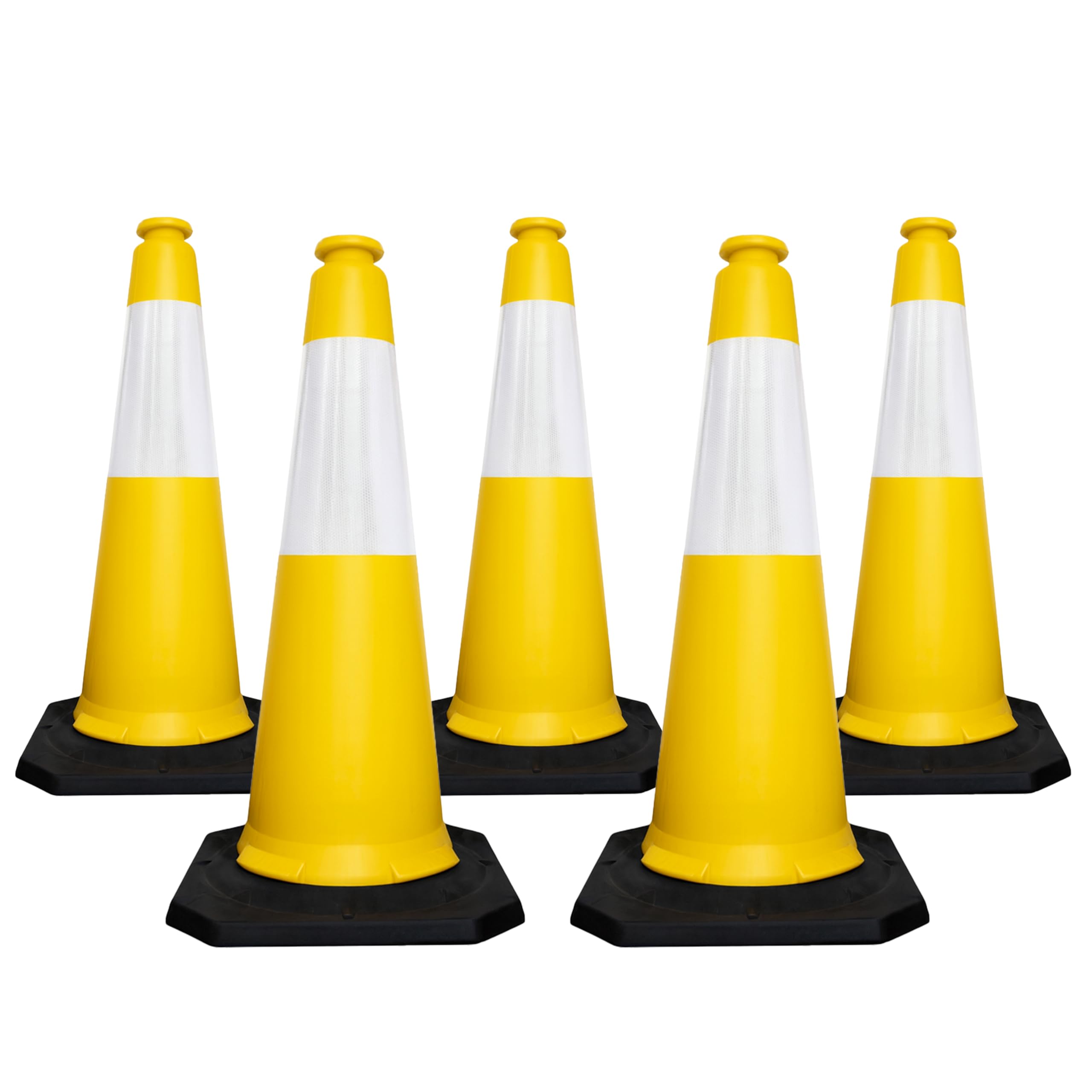 Berry 100cm Traffic Safety Cone | High Visibility Yellow Road Cone with Reflective Collar | Heavy Duty Parking Cone with Black Base | Portable Traffic Delineator for Roads & Events - Set of 5