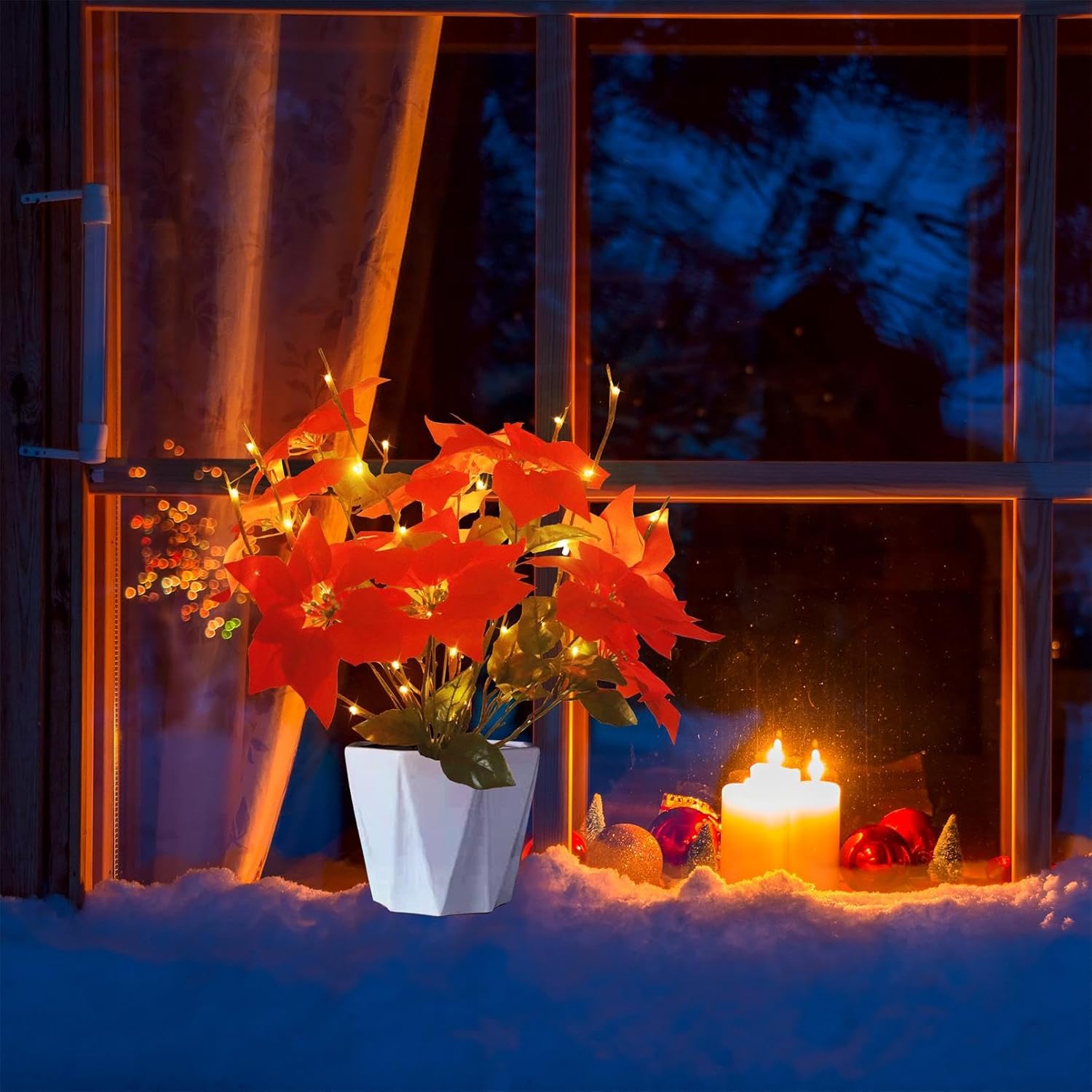 Christmas Decorations Set for Home Indoor Outdoor, Christmas Artificial Red Poinsettia Flowers Bouquet with Lighted Tree Twig Branches Light, Battery Operated with Timer, Decorative Sticks Vase Filler
