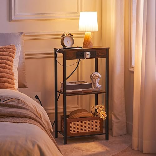 Miniatura 8 de HOOBRO Mesas auxiliares altas con estación de carga, juego de 2, mesitas de noche de 30 pulgadas de alto, mesas laterales de 3 niveles con estantes