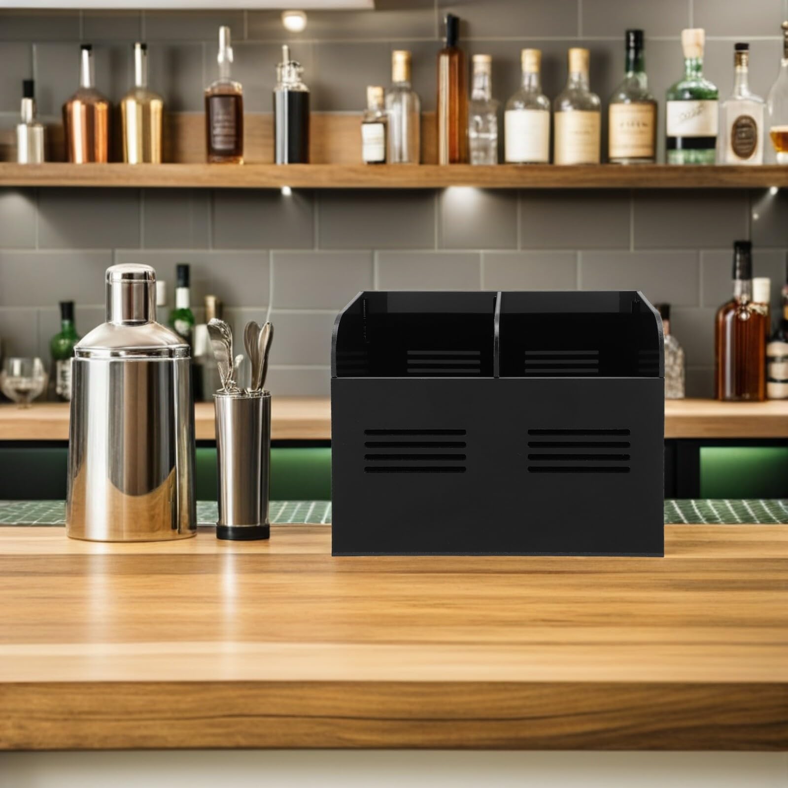 Acryl Trinkhalmbox Schwarz für Strohhalme und Essstäbchen | Offenes Design mit Deckelöffnung, Kompakte Form für Theke, Leicht zu Reinigen