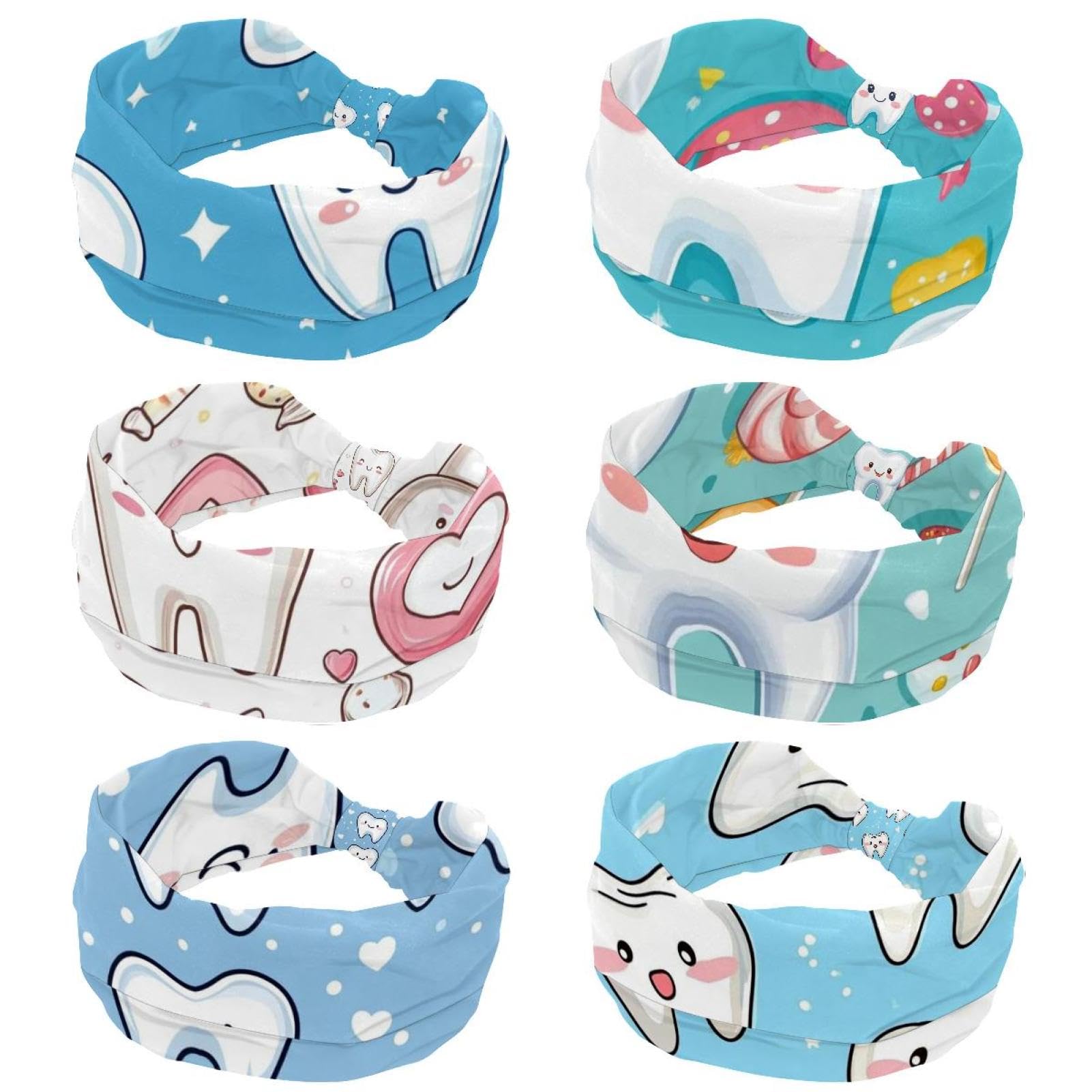 Lot de 6 bandeaux élastiques à dents mignonnes pour femme - Pour yoga, entraînement - Anti-transpiration - Souple - Simple et polyvalent