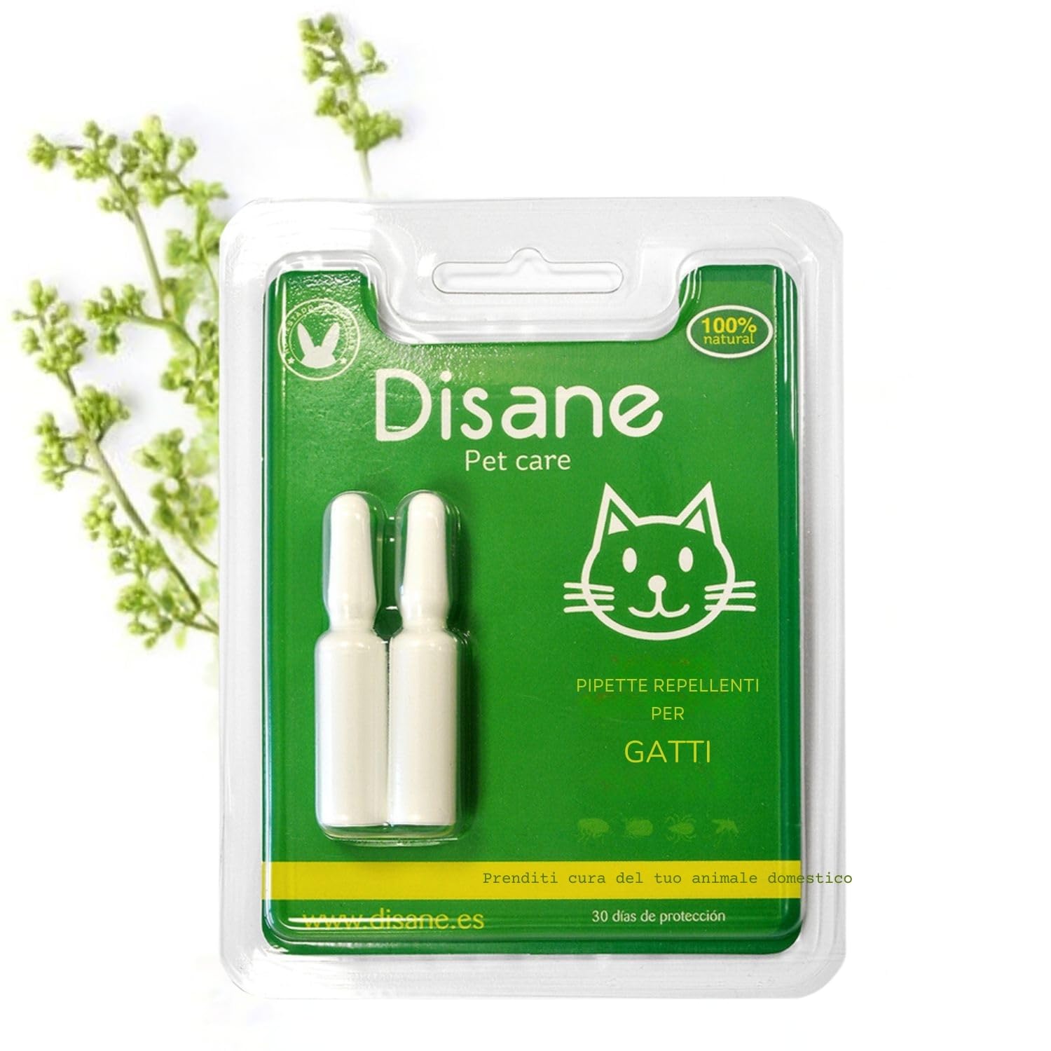 DISANE 2 Pipette Antiparassitarie per Gatti Naturale | 2 Mesi di Protezione Contro Insetti e parassiti: pulci, zecche e zanzare | Formulato sotto Controllo Veterinario Senza Tossicità per Il Gatto