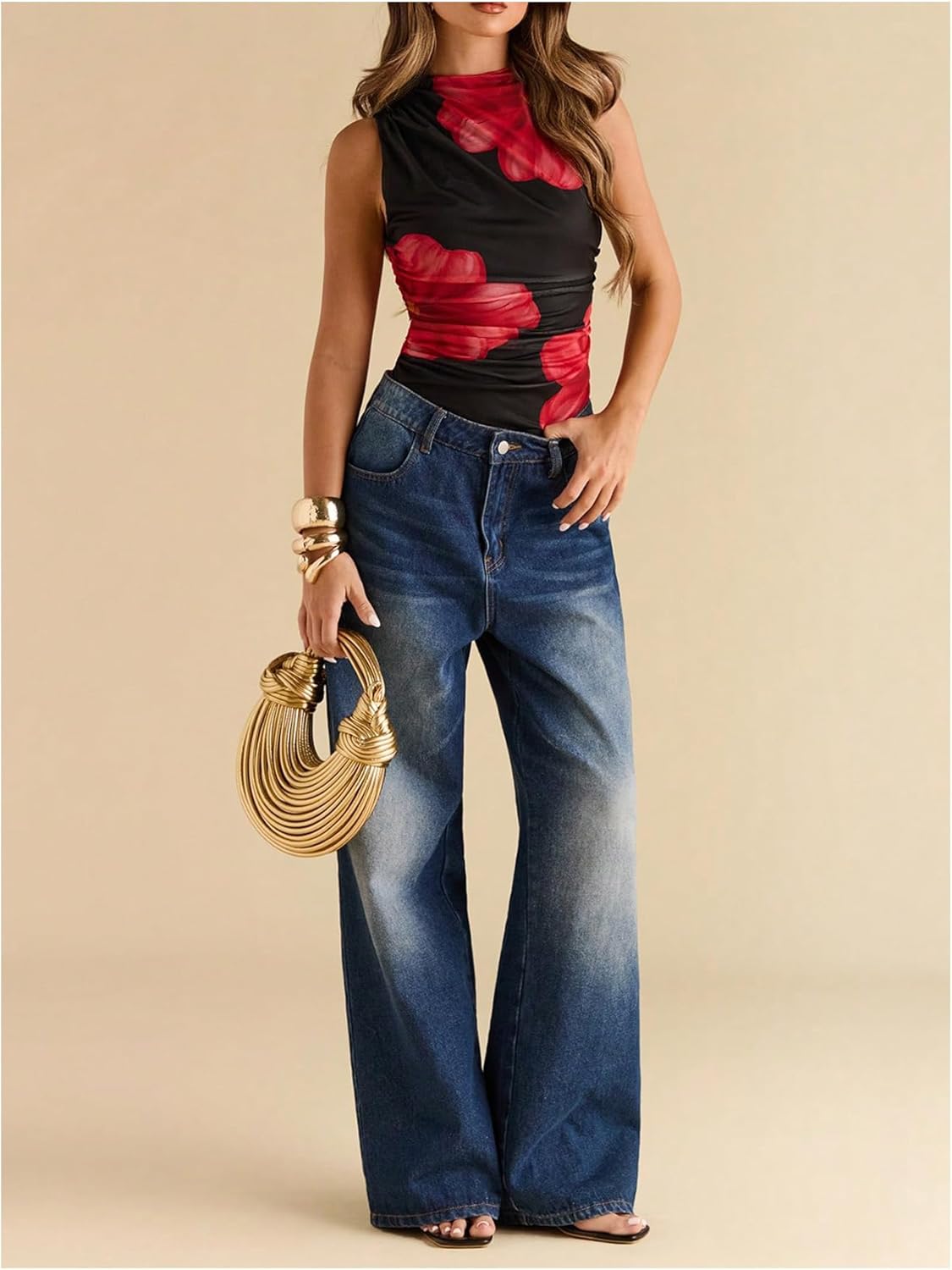 Milumia Women's Tie Dye Mesh Bodysuits Sleeveless Mock Neck Ruched Body Suit - Image 3