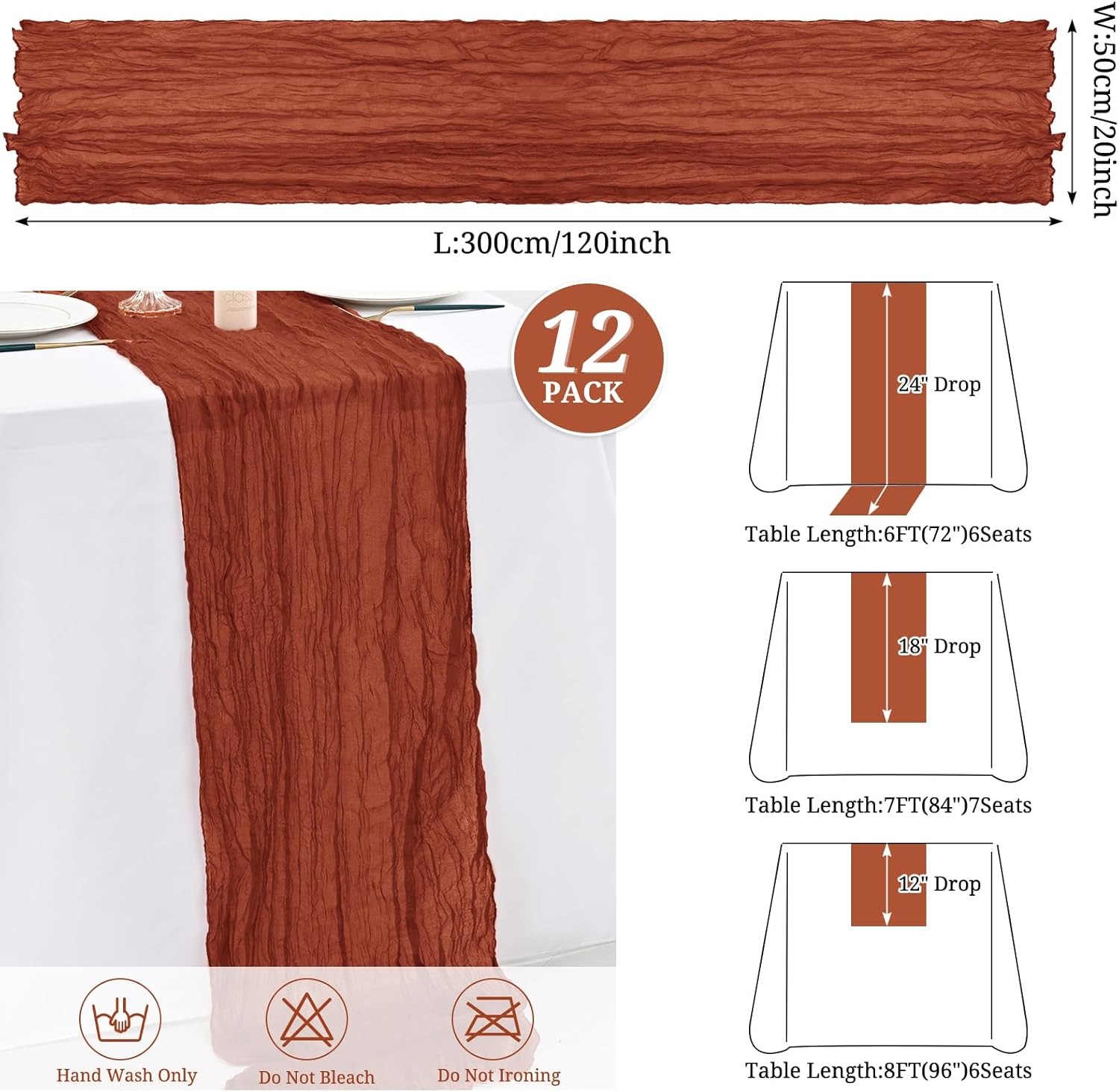 12 Pack Terracotta Cheesecloth Table Runner,10FT Gauze Boho Long Easter Cheesecloth Table Runners 20x120inch Rustic Cheese Cloth Table Runner for Wedding Party Bridal Shower Table Fall Decorations