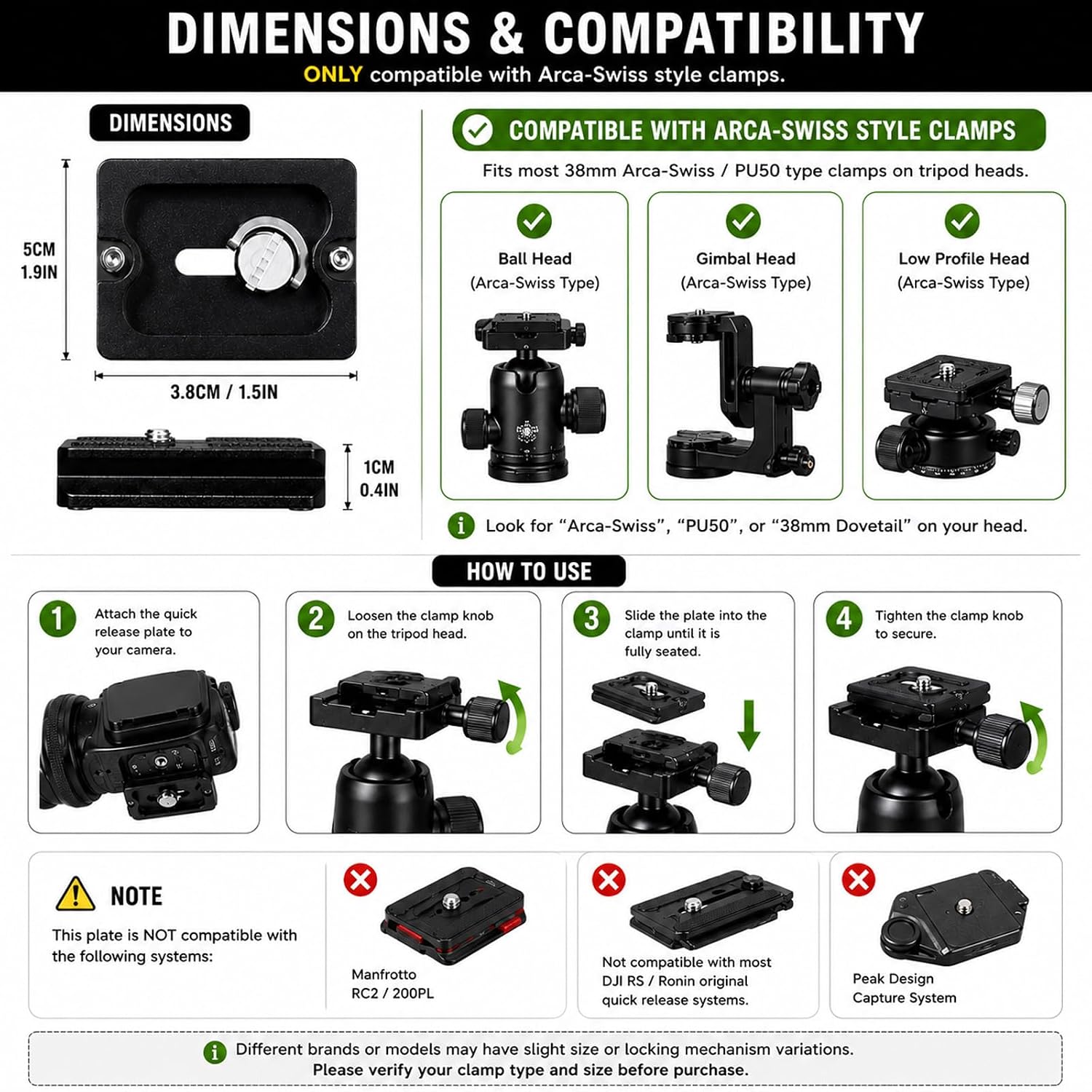 Frienda 2 Pieces Metal Quick Release Plate with 1/4''-20 Camera Screw Tripod Mount Plate Fits Standard for DSLR Camera Tripod Ball Head(Black,Pu50)