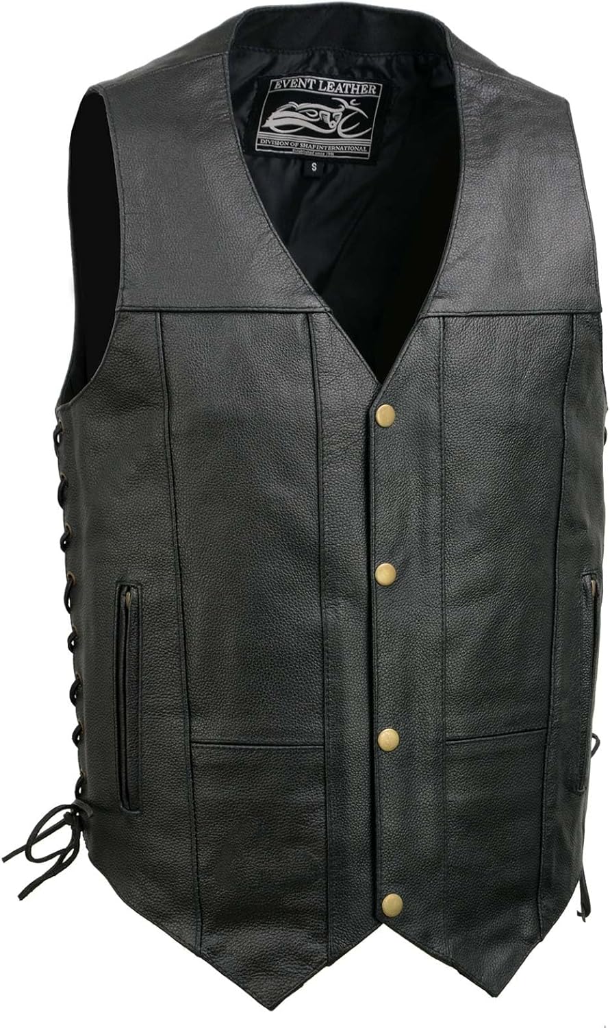 EVENT LEATHER EL1310GO Men's Classic Western Style Snap Button Black Motorcycle Riders Leather Vest