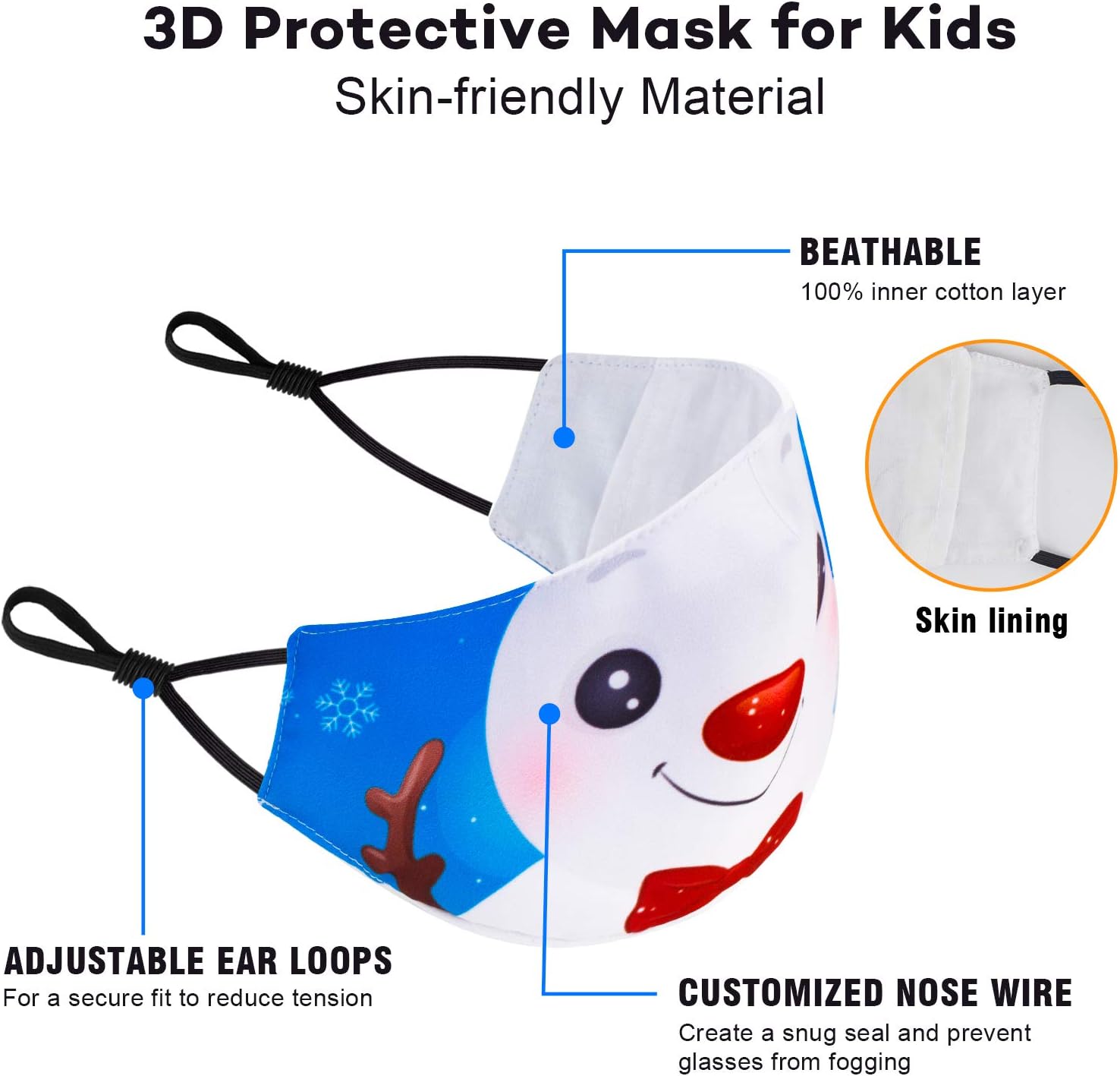 XDX Kids Face Mask, Christmas Mask Reusable & Breathable with Funny Pattern, Cloth Face Mask with Adjustable Elastic Ear Loop, Christma Gifts for Kids (4 Pack)