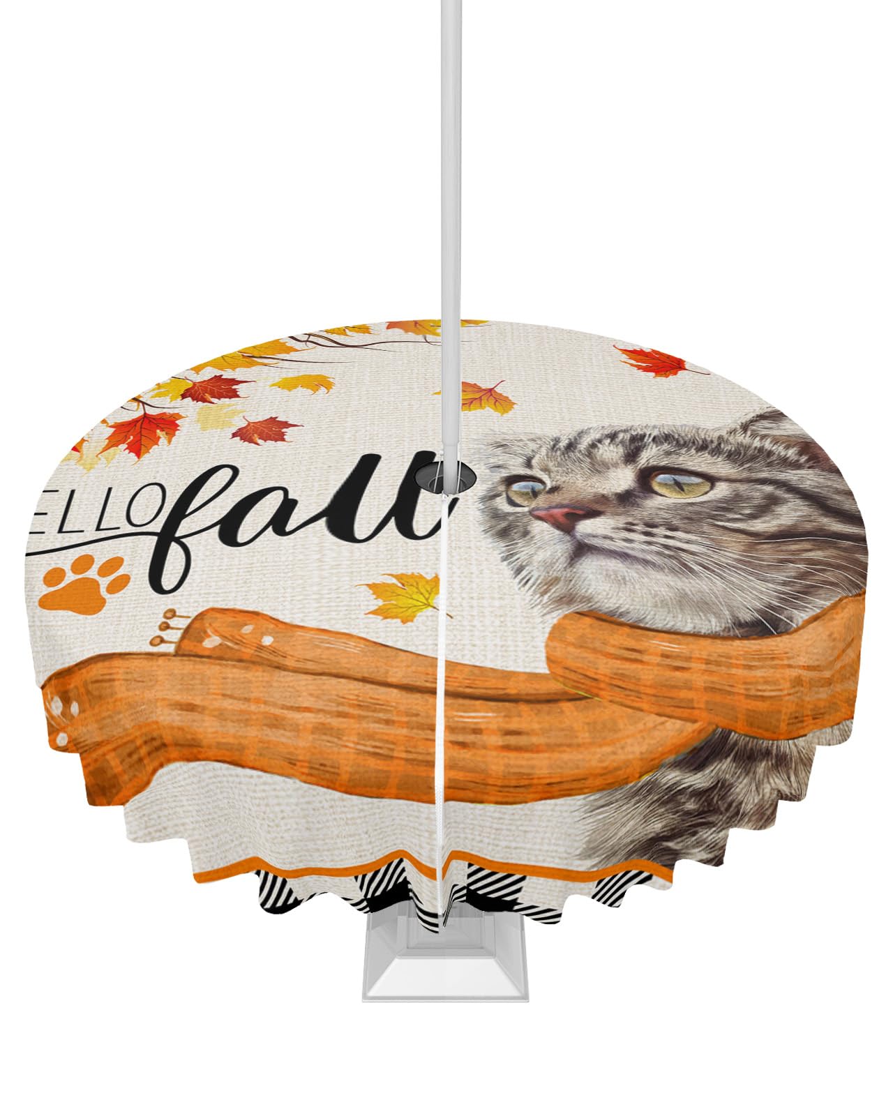 Thanksgiving Outdoor Tablecloths with Umbrella Hole and Zipper, Hello Fall Cat Maple Leaf Black and White Checkered Waterproof/Stain Resistant Round Table Cloth 60'' Patio Table Cover for Picnic/Party
