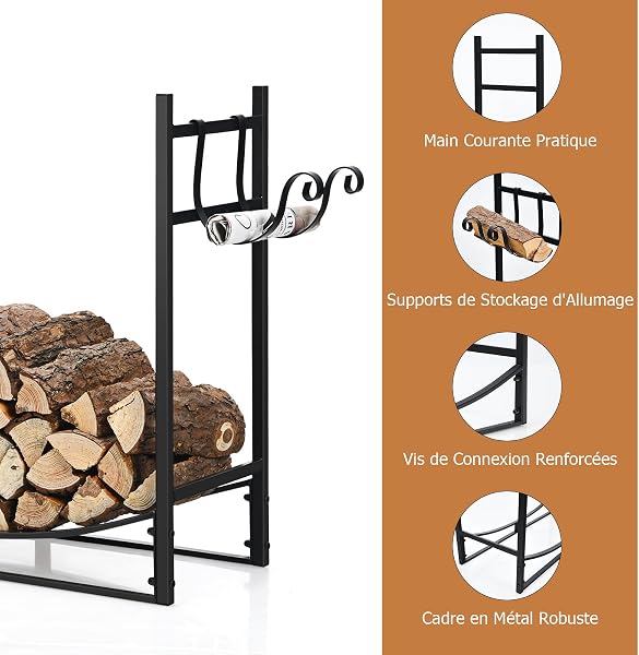 GOPLUS Range Bûches Cheminée, Porte Buches de Bois de Chauffage Intérieur Extérieur avec Support Amovible Pour Bois d'Allumage Charge 50 kg 84 x 33 x 76 cm - 2