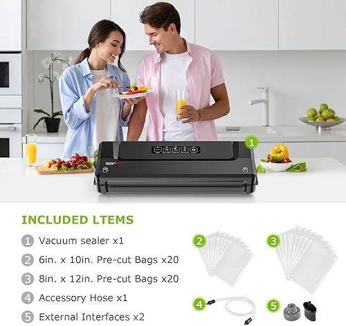 Miniatura 3 de Bonsenkitchen Máquina selladora al vacío con 40 bolsas  Sellador compacto de alimentos para almacenamiento de cocina y preparación de comidas