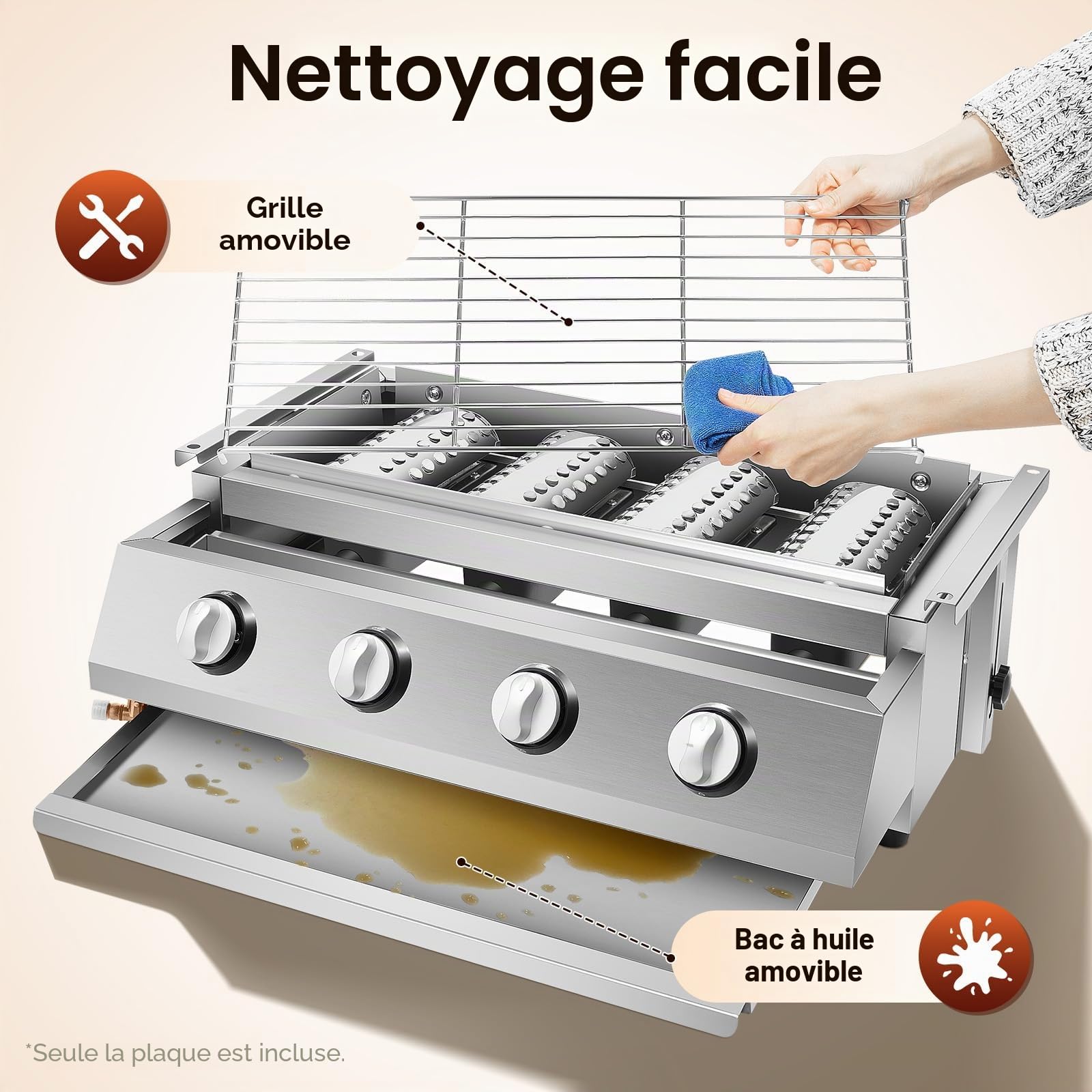Barbecue à gaz en acier inoxydable - 4 brûleurs - Barbecue de table - Barbecue à gaz GPL - Barbecue amovible - Pour camping, balcon, jardin - Argenté