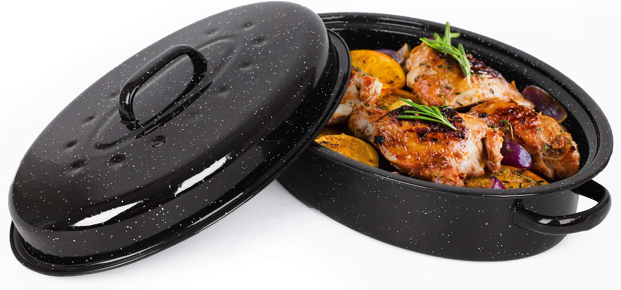 VonShef Enamel Roaster with Lid - Self-Basting, Deep Oval, Non-Stick Black Steel Oven Roasting Tin Heats up to 230°C for Stews, Casseroles & Roast Dinners - Gas/Electric, Easy Clean - 38cm