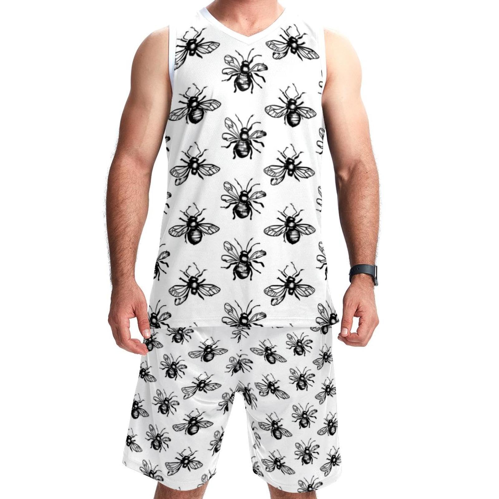 Tuta da basket da uomo con tasche, abbigliamento sportivo per uomini, uniforme della squadra, bianco e nero, semplice insetto, 5XL