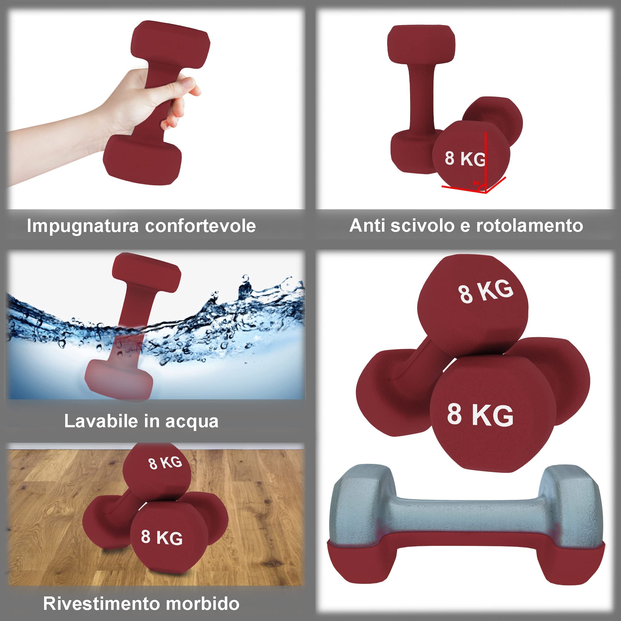 Coppia Pesi Palestra Manubri Per Casa Fitness Manubrio In Neoprene Pesetti Esagonali Impugnatura Antiscivolo Body Building Crossfit Aerobica Esercizi Ginnastica 2 x 8 Kg Colore Bordeaux