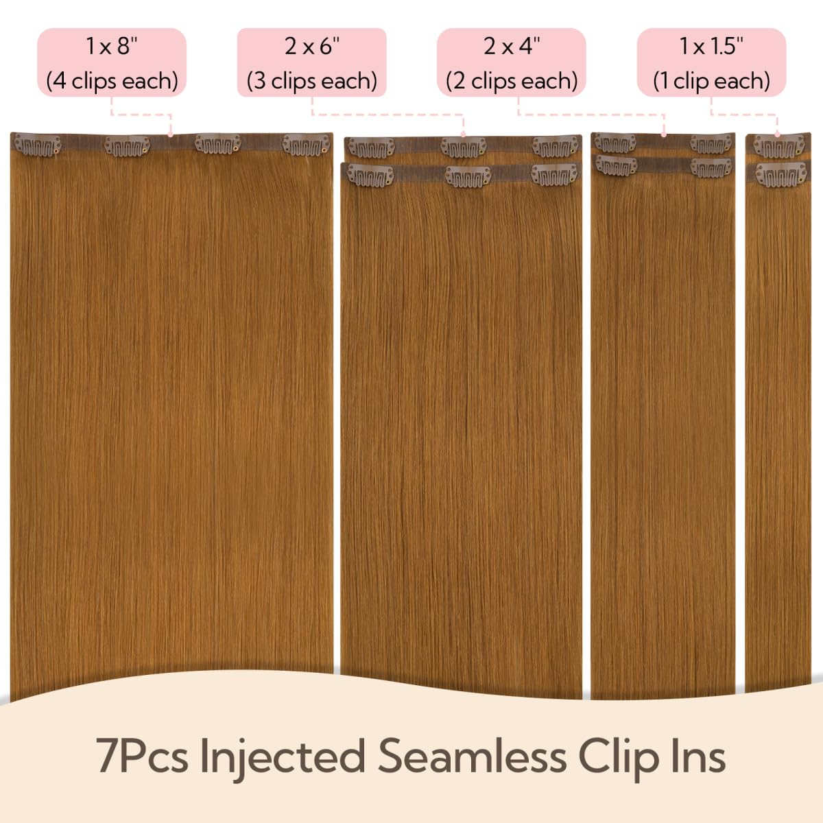 HOTBANANA Invisi Edge Clip in Hair Extensions, 18inch 130g Injected Seamless Clip in Extensions 7Pcs Auburn Ginger Real Human Hair PU Hair Extensions