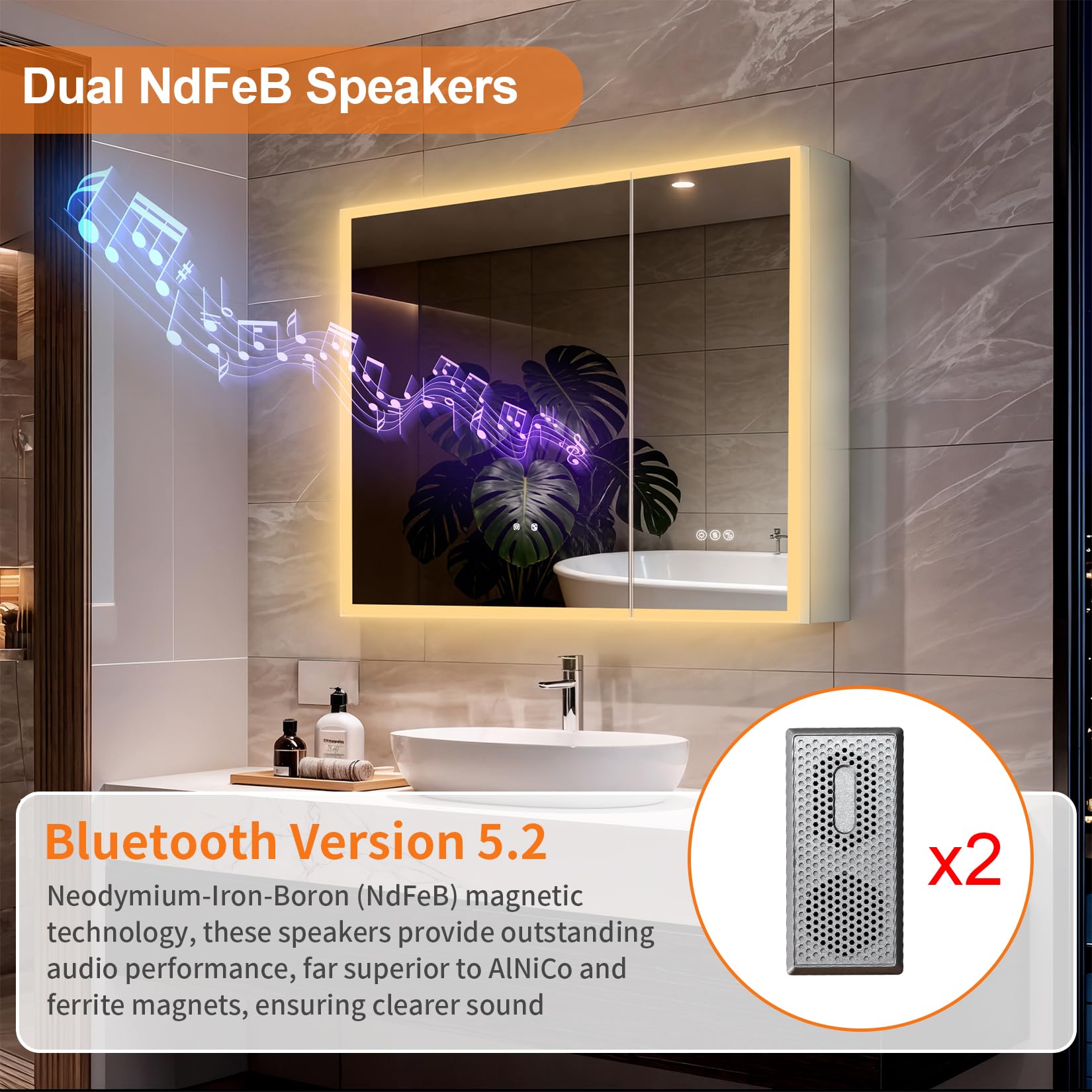 LUVODI Szafka łazienkowa z lustrem z oświetleniem, Bluetooth, 80 x 70 cm, z lustrem, regulowane półki szklane, gniazdko, 2 drzwi, szafka łazienkowa zapobiegająca zaparowaniu, 3 kolory światła
