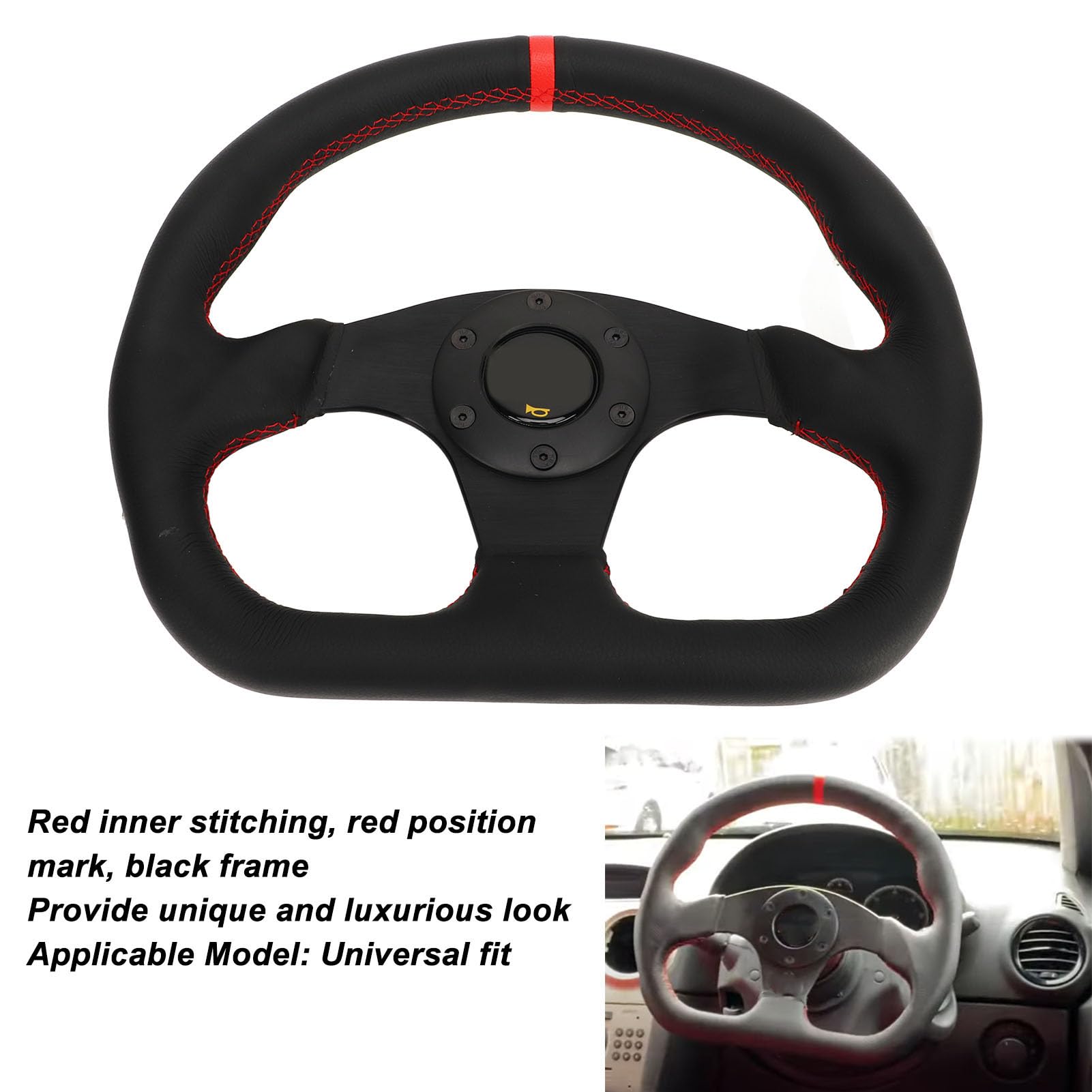 Universal-Auto-Lenkrad vom Typ D, schwarzer Rahmen mit Lederummantelung, sportlicher Rennstil, zum Driften und Ersatz-Carbonfaser-Look