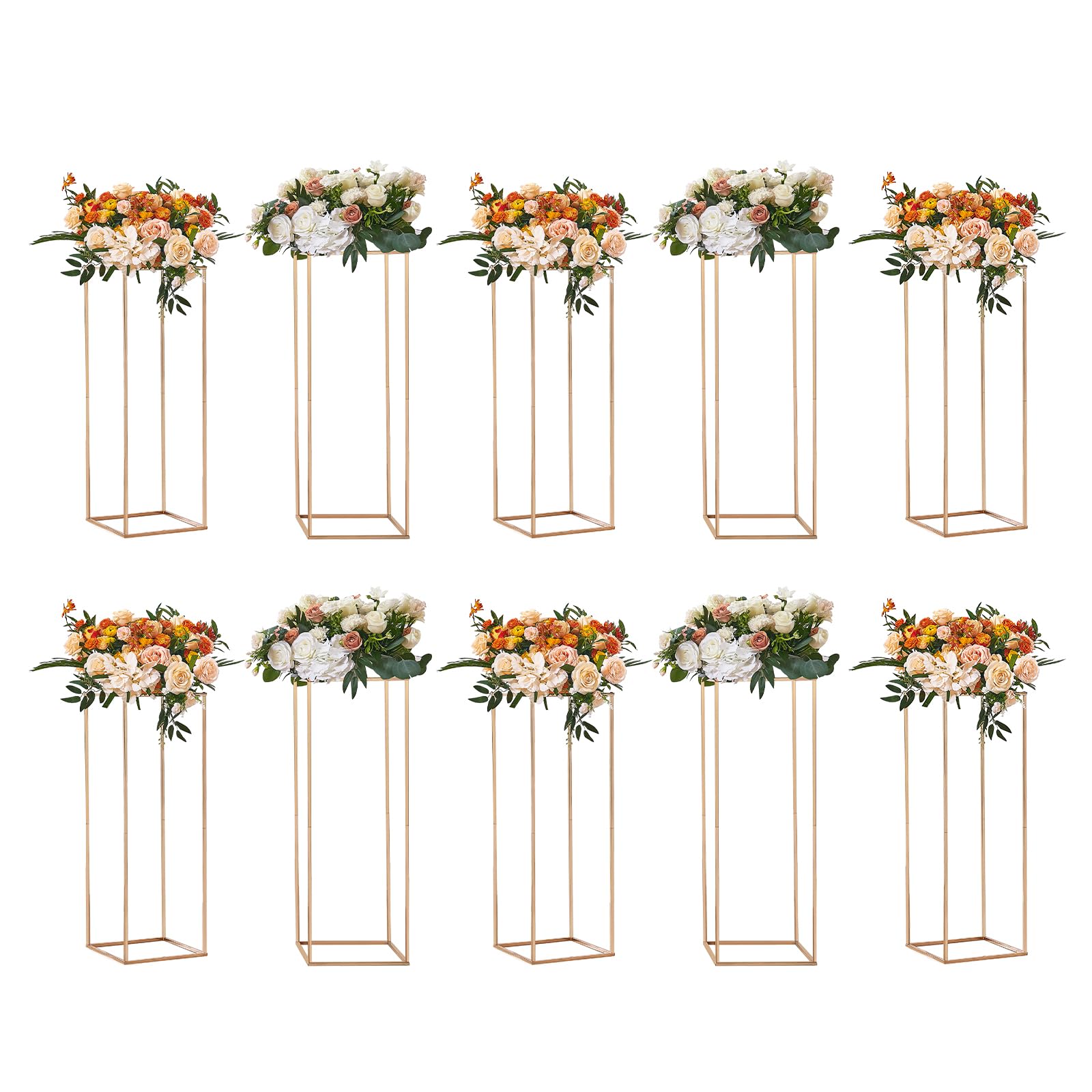 Photo 1 of VEVOR 10PCS 31.5inch High Wedding Flower Stand, With Acrylic Laminate,Metal Vase Column Geometric Centerpiece Stands, Gold Rectangular Floral Display Rack for Events Reception, Party Decoration 31.50 inch French Gold+transparent