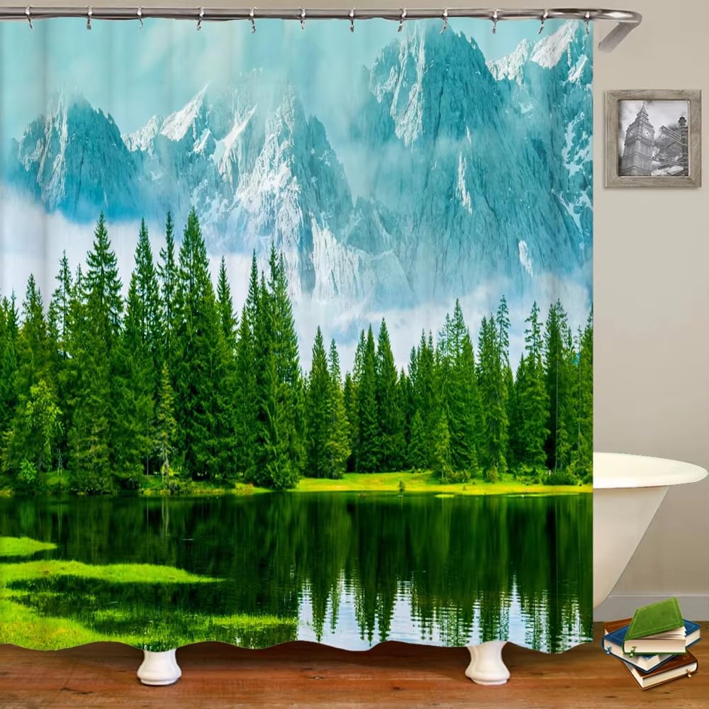 3D-Druck-Duschvorhang mit Wasserfallmotiv aus grünem Wald, wasserdicht, mit Haken, aus Polyestergewebe (180 x 300 cm/B x H)