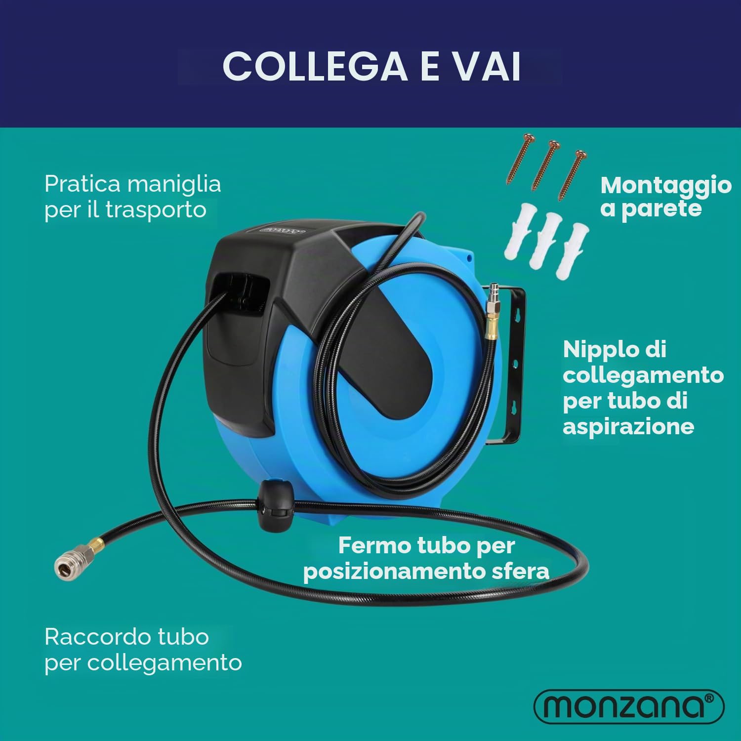 Monzana Avvolgitubo ad Aria Compressa Tubo 20m Attacco 1/4"