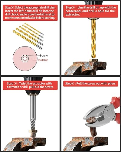Miniatura 6 de Juego de 16 extractores de tornillos con brocas para zurdos, kit de removedor de pernos fácil de sacar para tornillos oxidados dañados y pernos