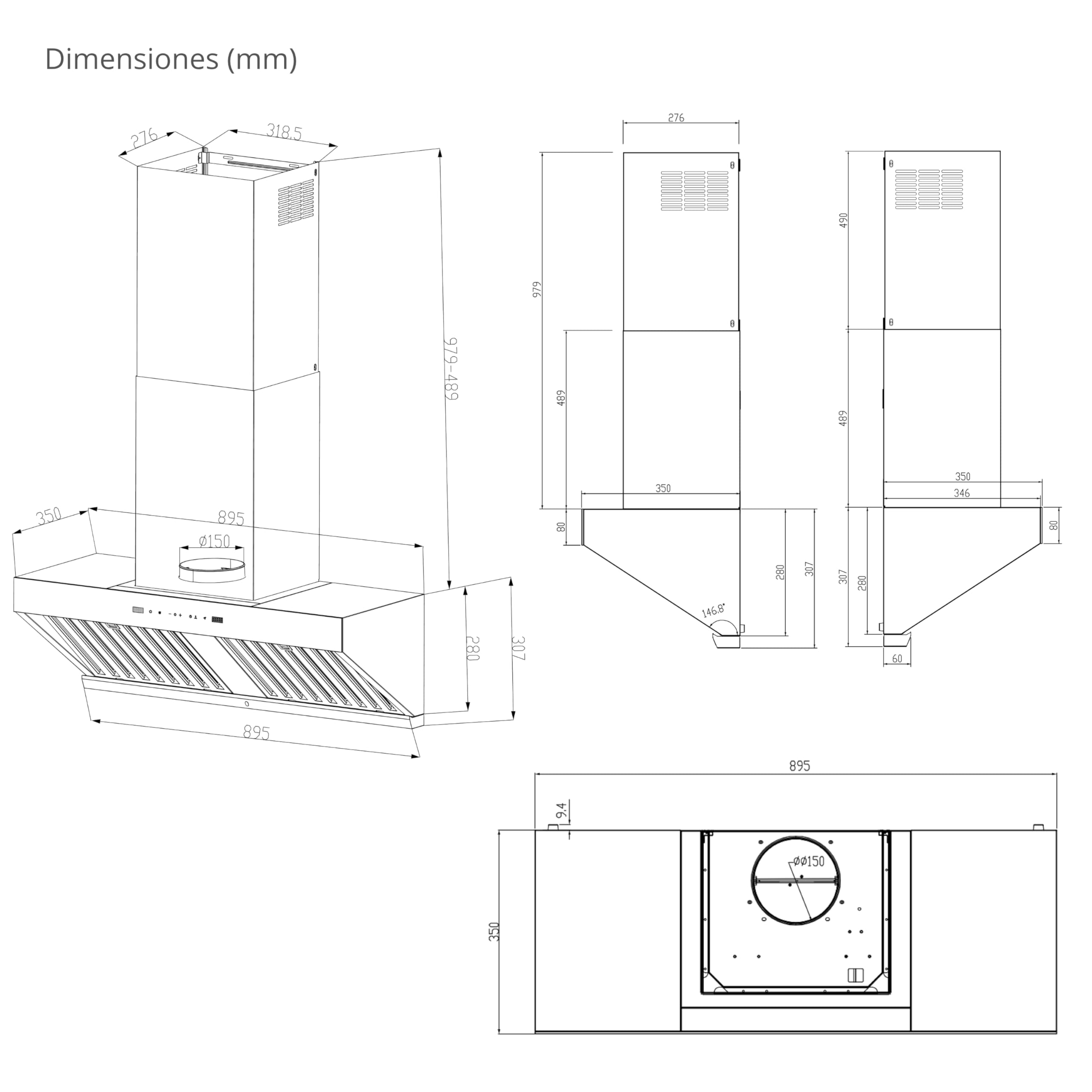 Campana extractora mural Kompatic Kori 90 KPKR90WB, 90 cm, 800 m³/h, clase A+++, control táctil y gestual, mando a distancia, Boost/Super Boost, negro mate.