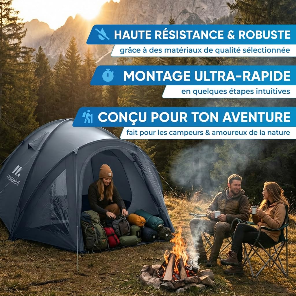 NORDMUT® Tente de Camping 4 Personnes Étanche & Légère – Tente Dôme avec Avant-Toit Fermable – Tente 2-4 Personnes avec Excellente Circulation d’Air & Petit Volume de Transport