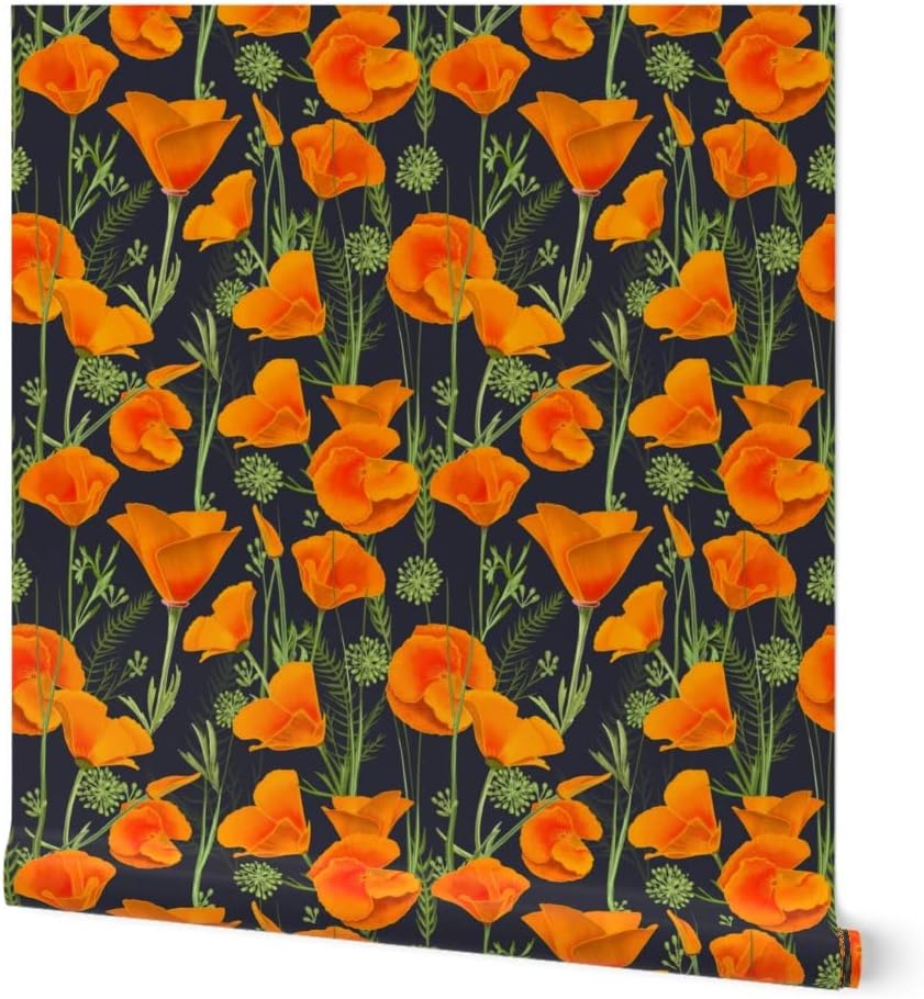 Peel & Stick Wallpaper 3ft x 2ft - Poppies Poppy Orange Blue Floral Art Navy Flower Custom Removable Wallpaper by Spoonflower