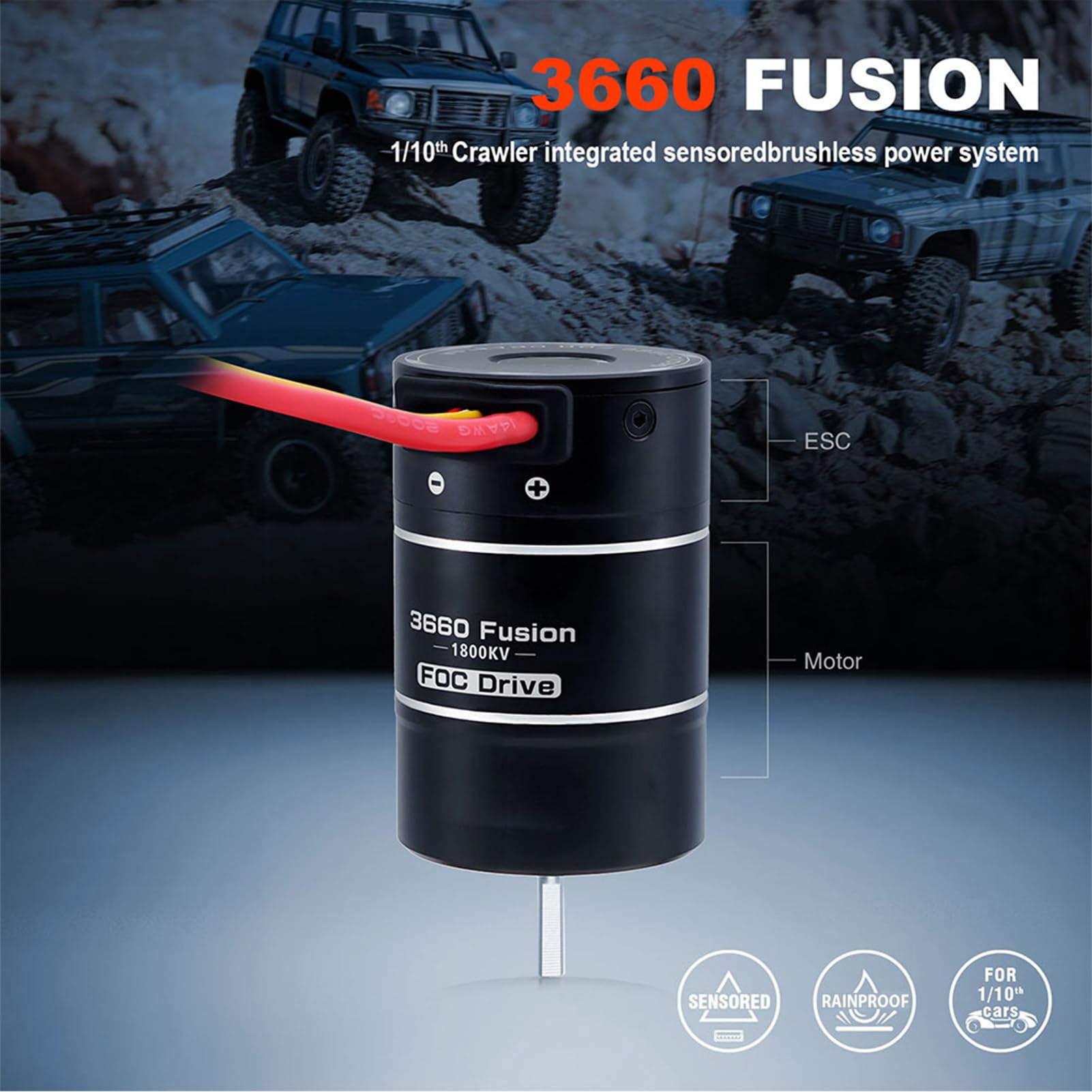 Asixxsix Bezszczotkowy Silnik ESC Combo 3660 1800KV, Silnik i ESC 40A 2w1 System Napędu FOC z ochroną przeciwdeszczową i przeciwkurzową, dla 1/10 RC Crawler Rock Crawling