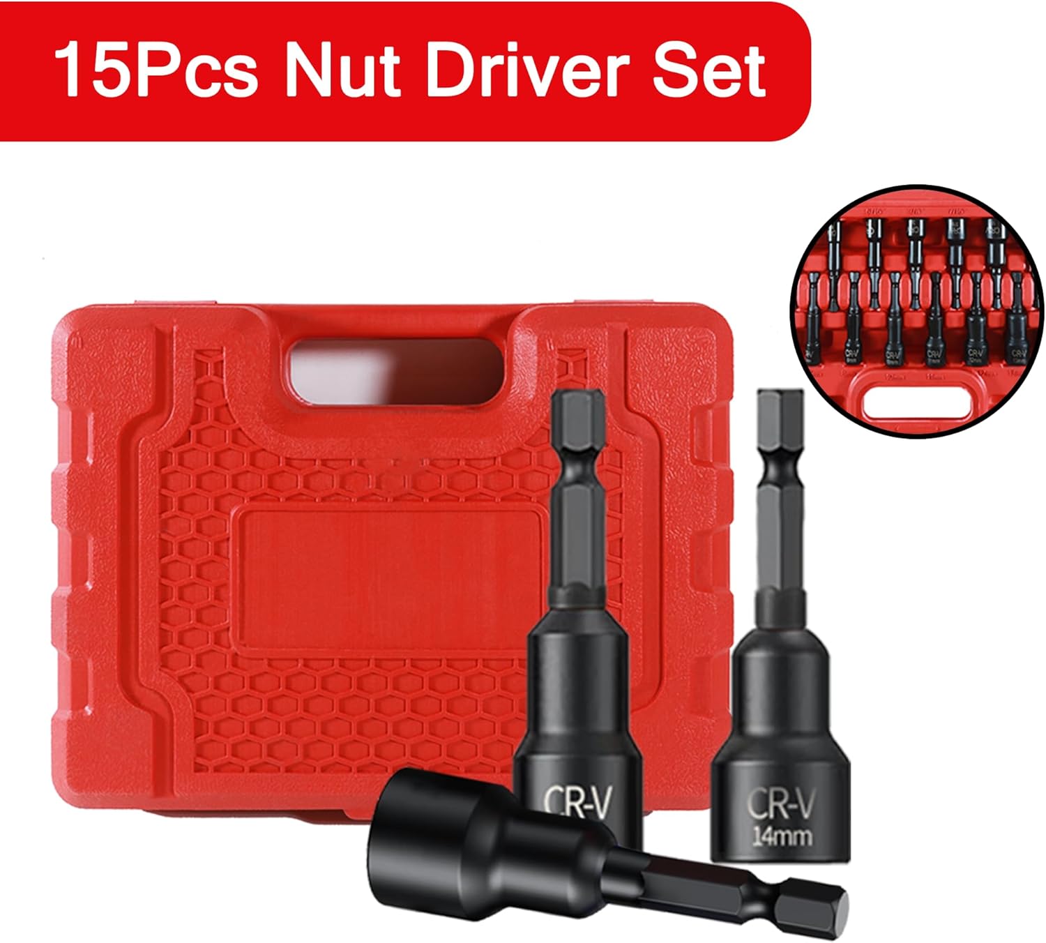 15PCS Magnetic Nut Driver Set,Impact Power Hex Nut Driver Drill Bit Master Kit, SAE & Metric, 1/4-Inch Quick-Change|Cr-V Steel