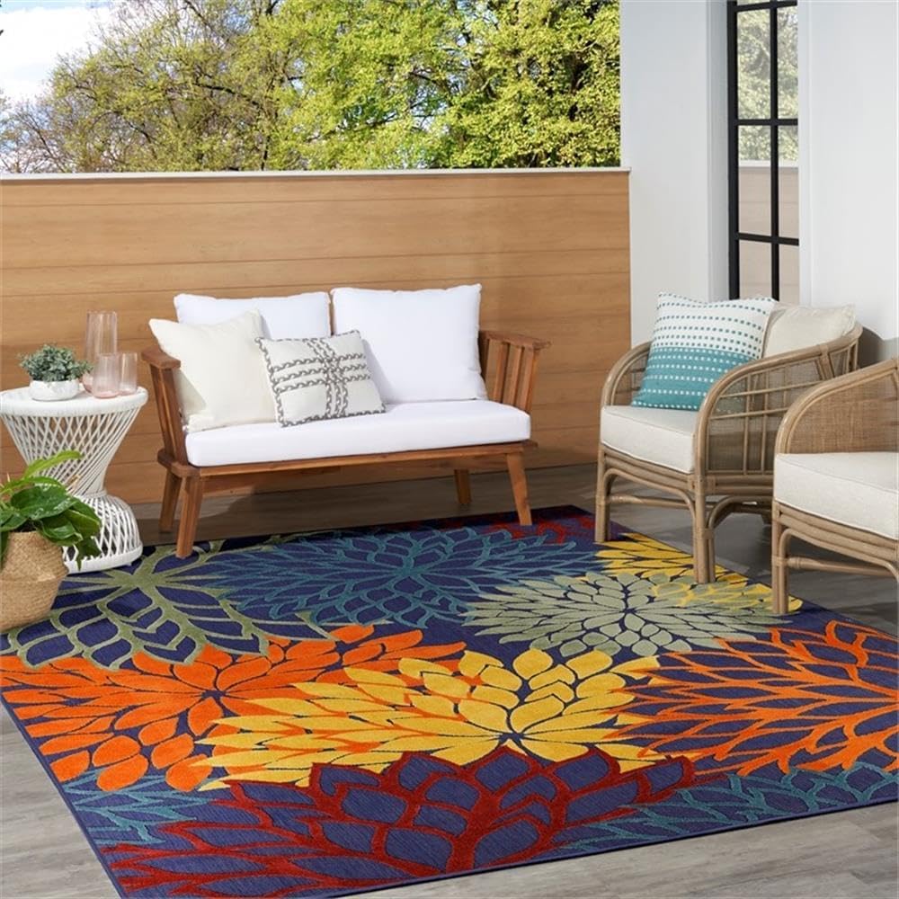 Pemberly Row Washable Outdoor Rug, 94x126 in, Polypropylene Fabric, Blue/Multi-Color Finish, Floral Design, Flat-Weave Textured Tropical Style, Stain-Resistant Patio, Deck, or Porch Rug