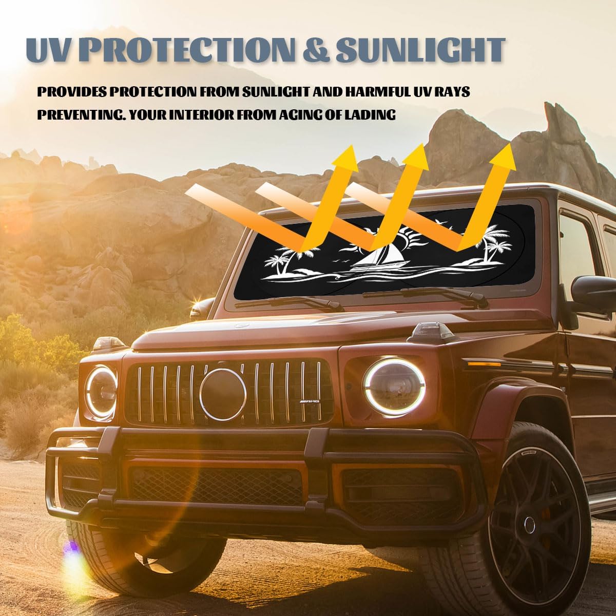 Tropical Beach Car Windshield Sunshades Sailboat Palm Tree Ocean Sunset Heatshield Front Window Car Sun ​Shade Windshield Sun Visor Protector for Car Sedan Truck SUV Accessories 59" L x 31.5" W image 5