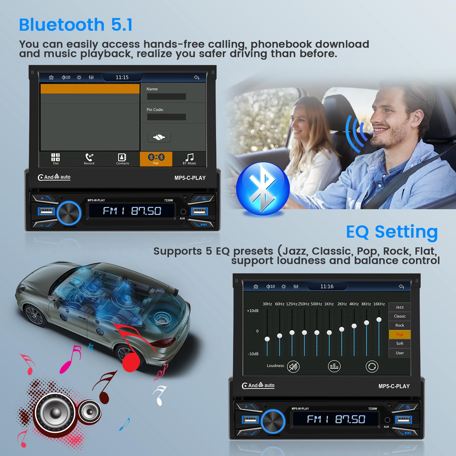 Hikity 7" 1 DIN CarPlay Autoradio avec Bluetooth FM Caméra de Recul | Écran Tactile Android Auto Wireless CarPlay Mirror Link Commandes au Volant USB AUX