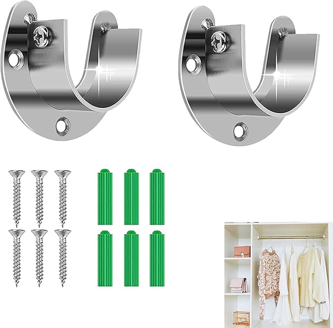 2 Pcs Wardrobe Pole Brackets,Flange Rod Holder, Curtain Pole Brackets