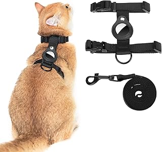 VKPETFR Cat Harness and Leash Set with Airtag Holder, Cats Escape Proof, Adjustable Kitten Harness for Small Large Cats, Lightweight Soft Walking Travel Harness(Black)