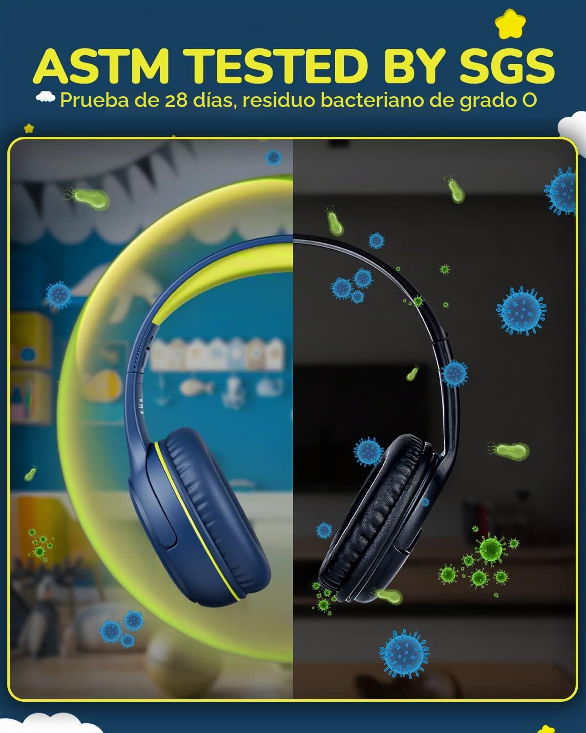 awartue Auriculares Niños con Cable Audio 3.5mm, Volumen Limitado 85/94dB, Diadema Ajustable Almohadillas Suaves, Cascos Infantiles para Clases Online/Viajes/Estudi, Azul y Verdoso