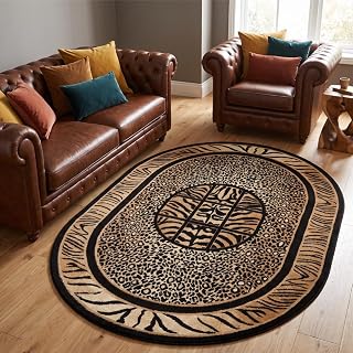TAPISO Atlas Teppich Oval Kurzflor Afrika Tiermuster Tiger Leopard Rahmen Braun Beige Schwarz Bordüre Wohnzimmer Schlafzimmer Modern Design ÖKOTEX 80 x 150 cm