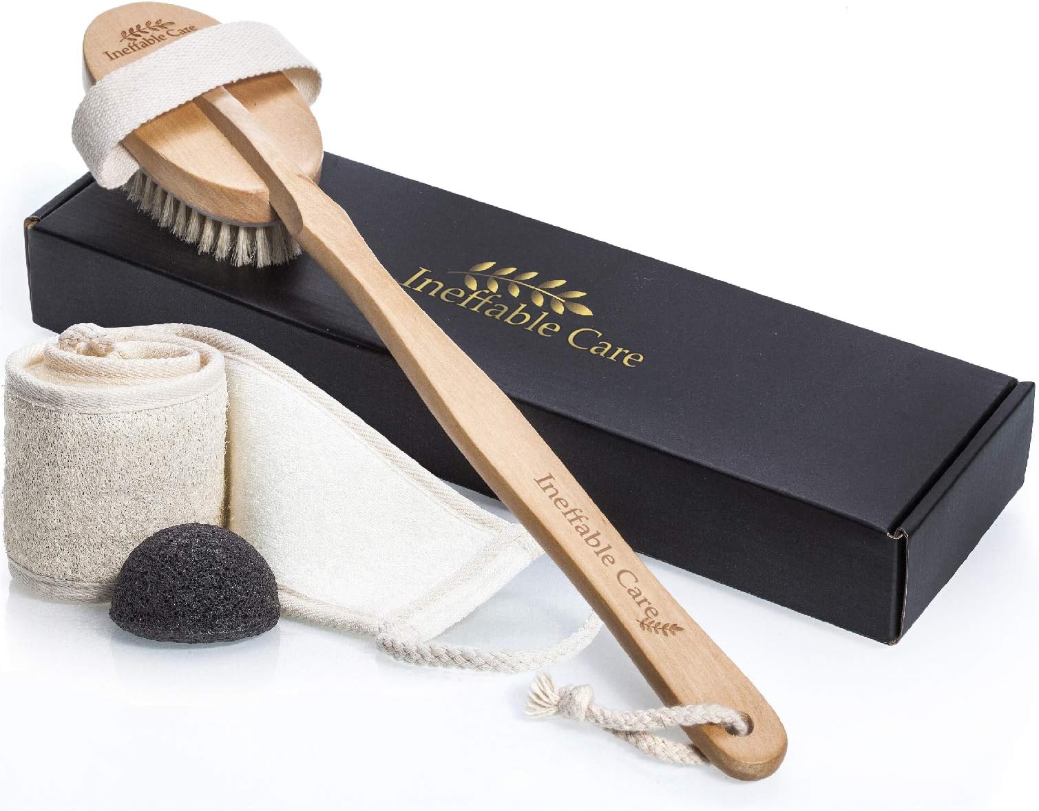 Loofah Back Scrubber & Body Brush for Dry Skin Brushing with 100% Natural Boar Bristles and Long Handle - Exfoliating Konjac Sponge - Back Scratcher Brush, Bath and Shower Cellulite Brush Gift set