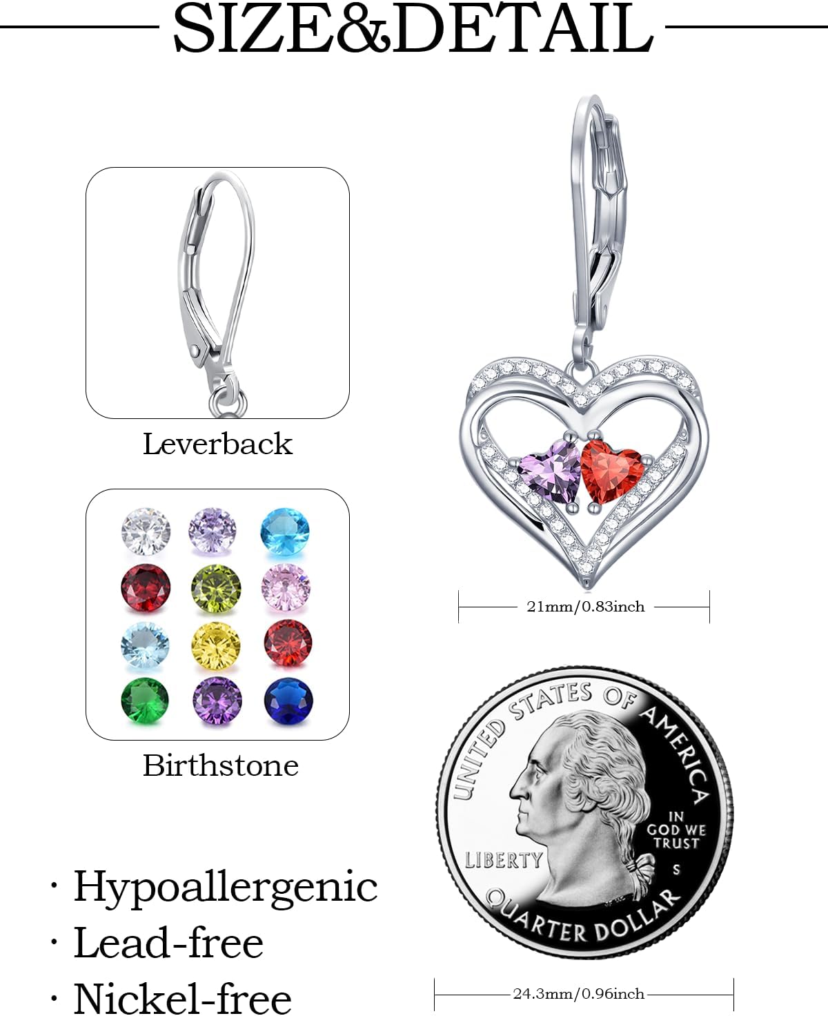 Valentines Day Gifts for Women, Heart Leverback Earrings Double Birthstone Dangle Earrings for Women, Love Jewelry for Her, Anniversary Birthday Gift for Mom Wife Girlfriend - Image 6