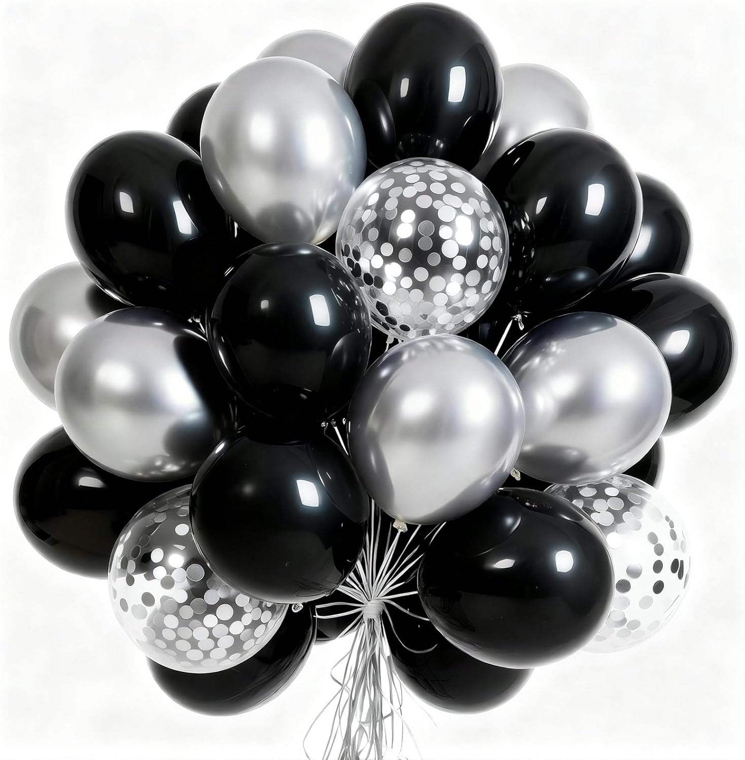 PartyWoo Black and Silver Balloons 65pcs 12 Inch Matte Black Metallic Chrome Silver Confetti Balloons for Graduation Baby Shower Men Birthday Wedding Anniversary New Year's Eve Party Decorations