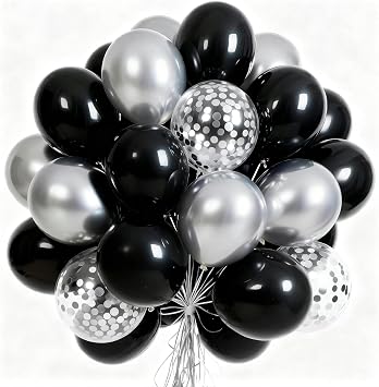 PartyWoo Black and Silver Balloons 65pcs 12 Inch Black Silver Balloons