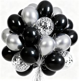 PartyWoo Black and Silver Balloons 66pcs 12 Inch Black Silver Balloons