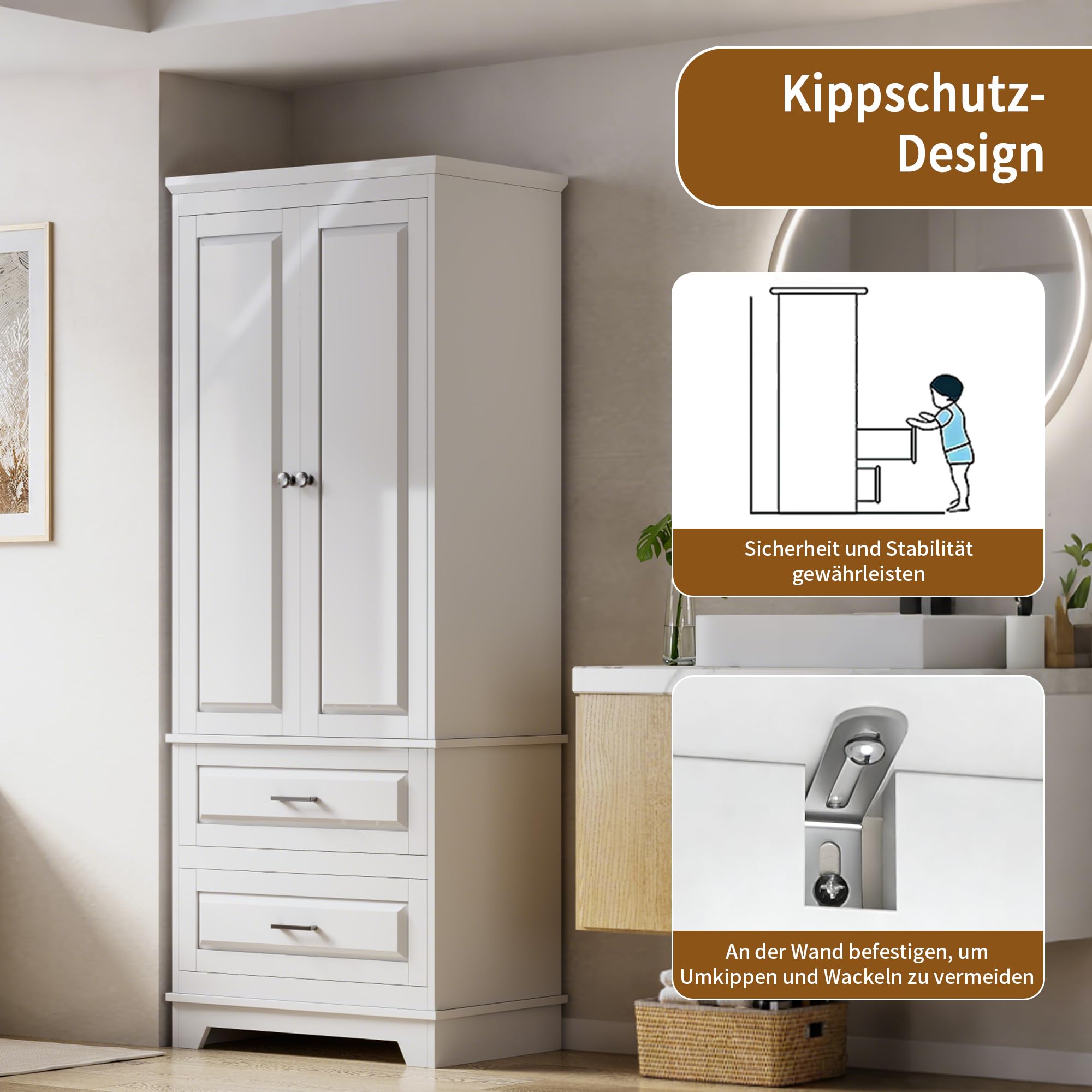 Armadietto da bagno alto, in legno, bianco, 157 x 60 x 40 cm, con cassetti, 2 ante e regolabili, per soggiorno, cucina